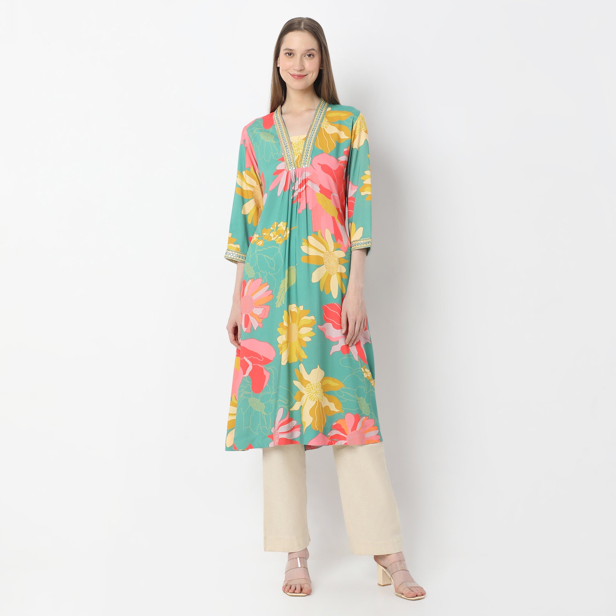 Printed Below Knee V-Neck Fading Echoes Flared Kurta