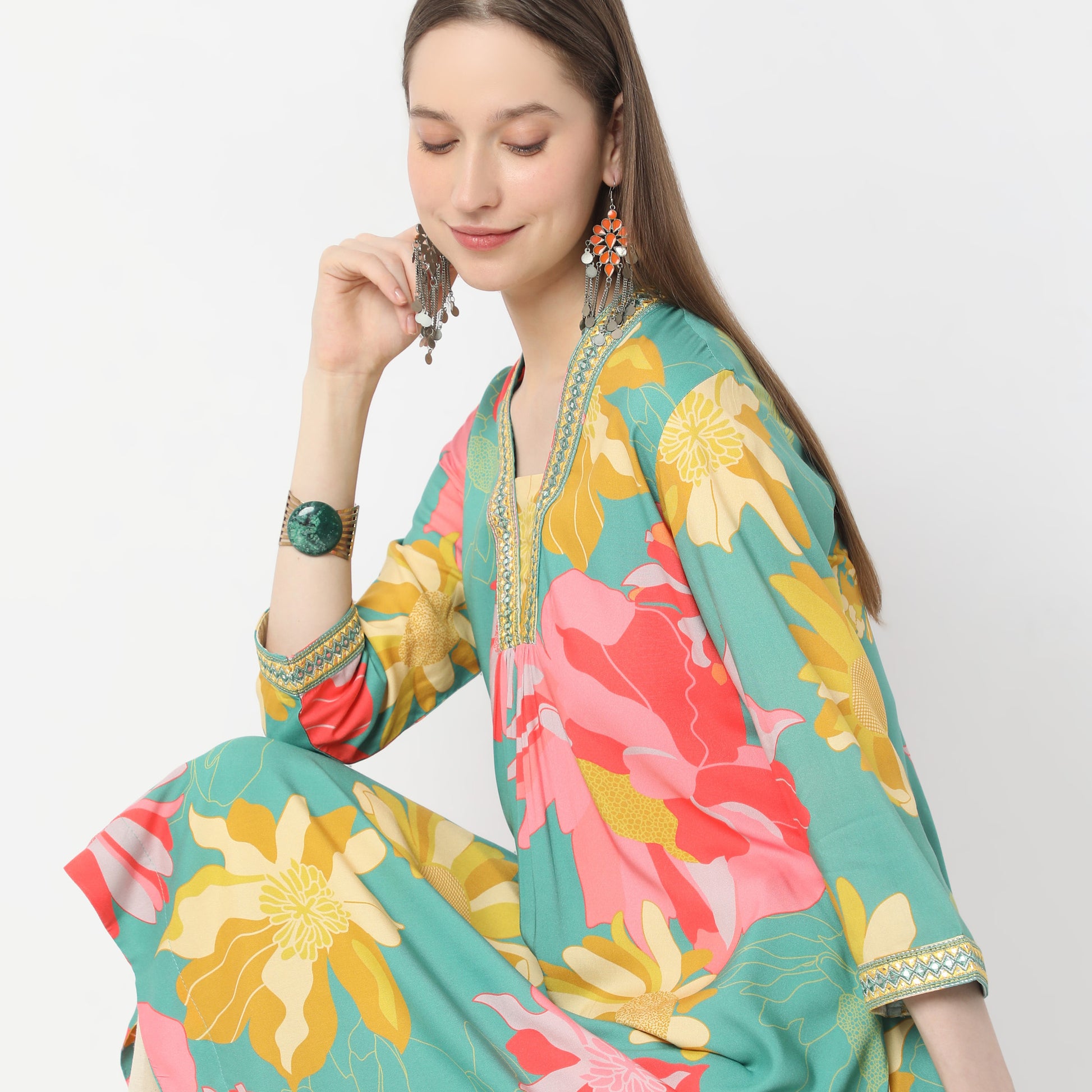 Printed Below Knee V-Neck Fading Echoes Flared Kurta