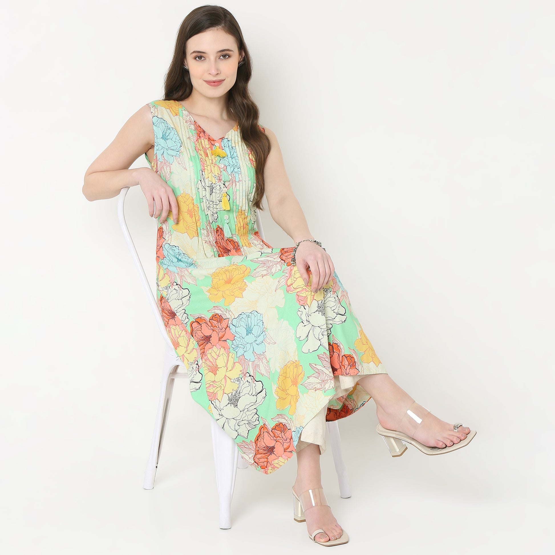 V-Neck Printed Flared Kurta