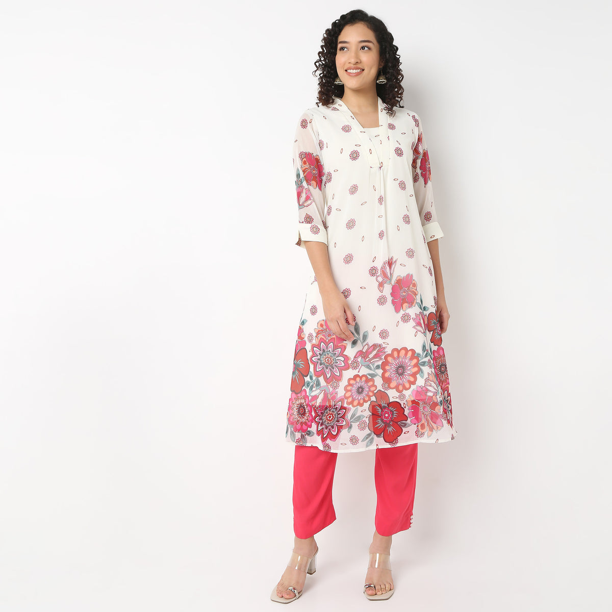 V-Neck Printed Below Knee Flared Kurta