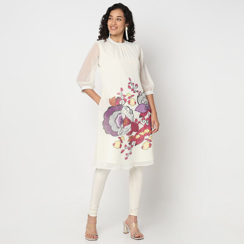 Flare Fit Printed Band Neck Kurta