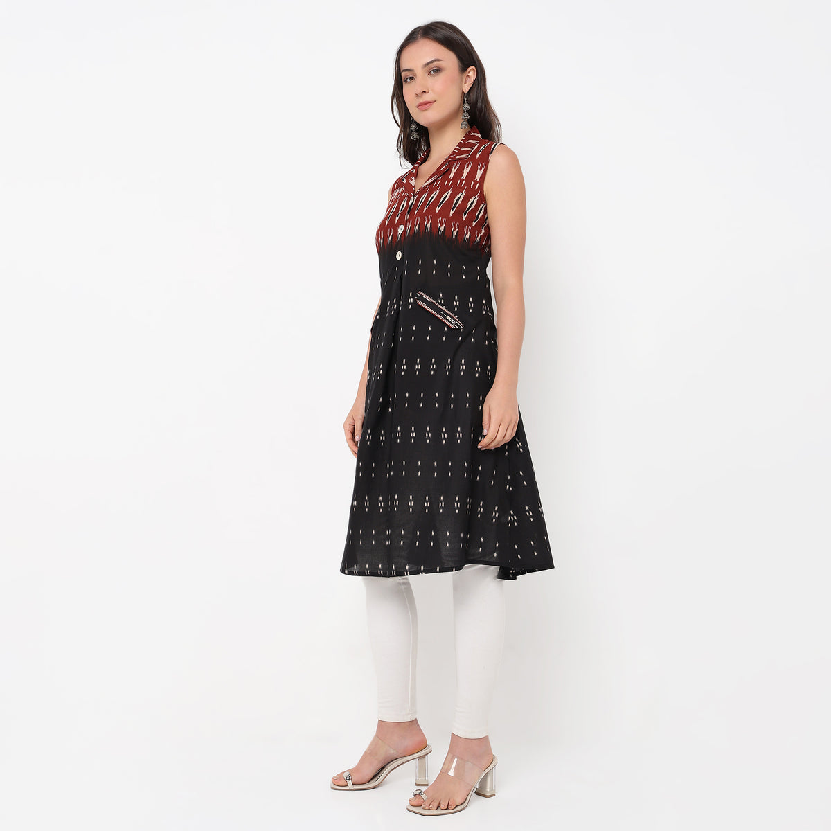 Flare Fit Printed Lapel Collar Sleeveless Kurta 
