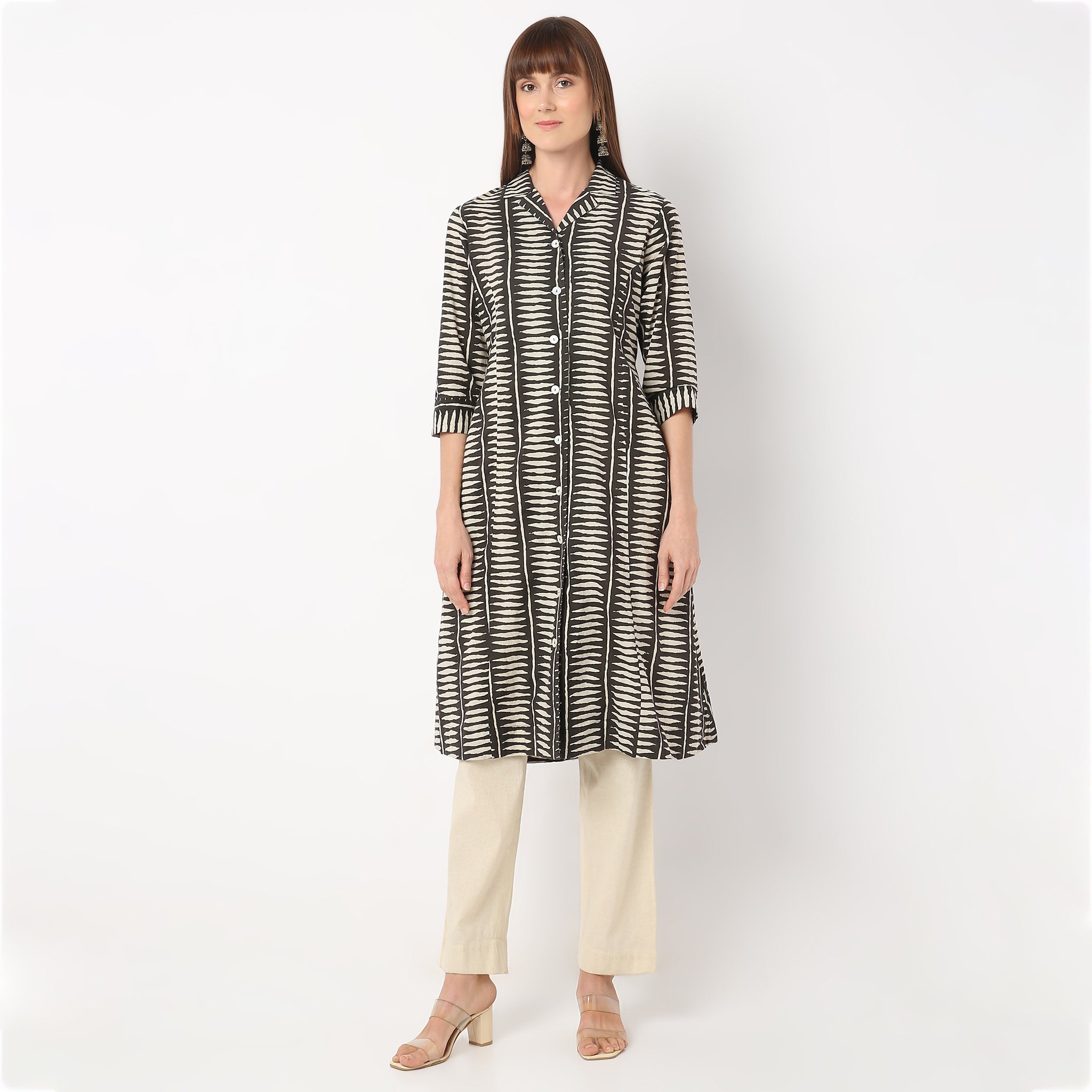 A-Line Printed Lapel Collar Flared Kurta