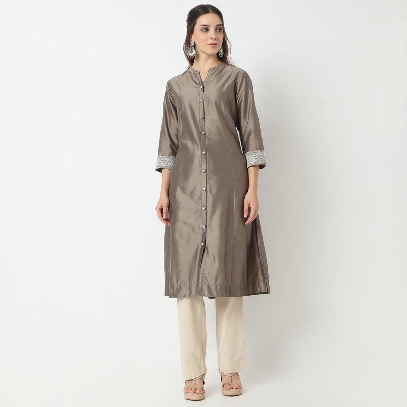 Flare Fit Printed Band Collar Kurta