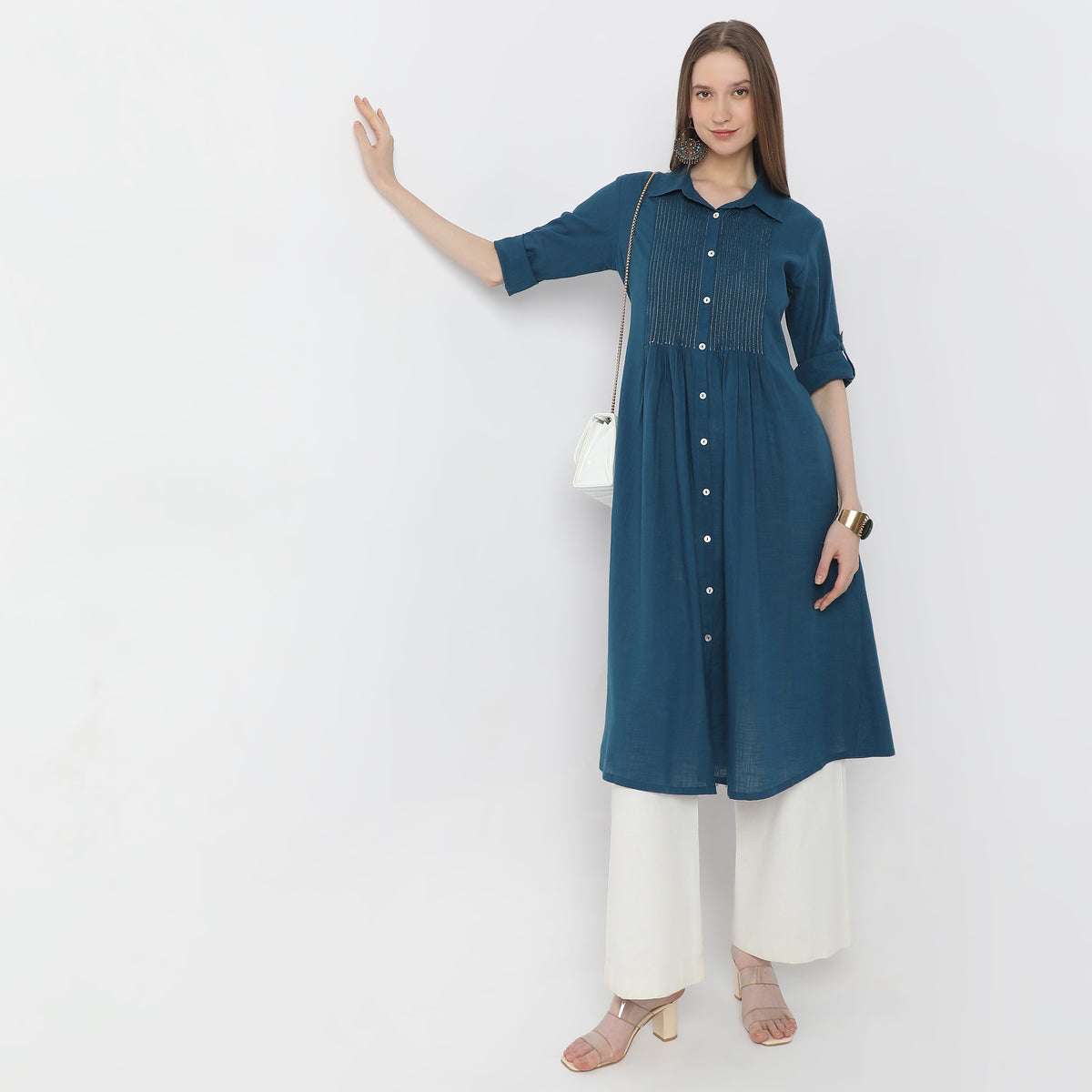 Below Knee Botanical Blueprints Shirt Collar Flared Kurta