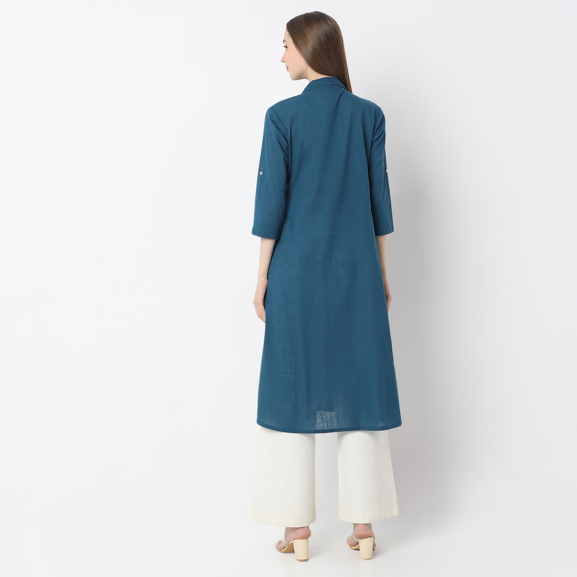 Below Knee Botanical Blueprints Shirt Collar Flared Kurta