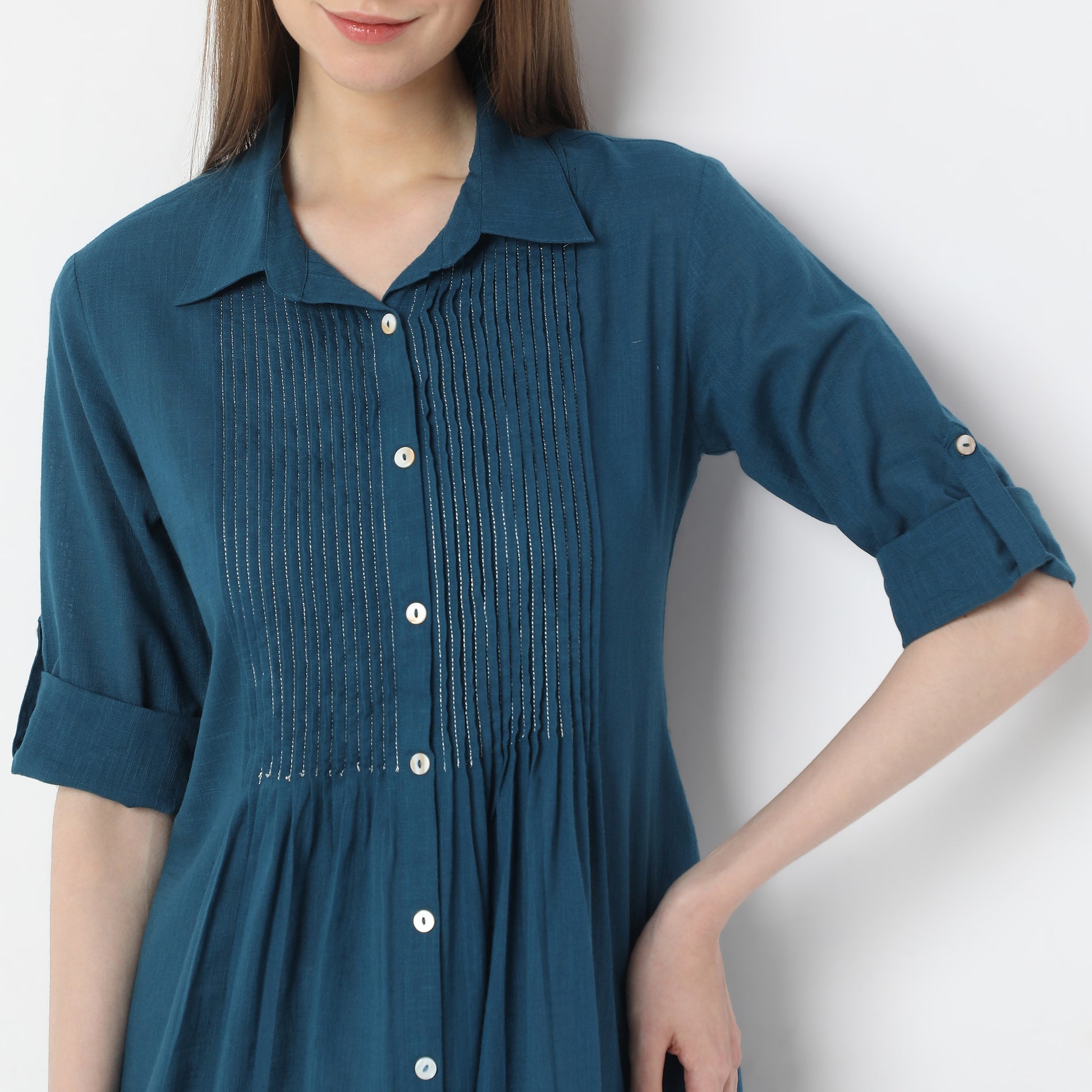 Below Knee Botanical Blueprints Shirt Collar Flared Kurta