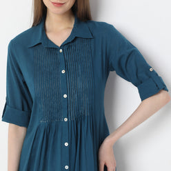 Below Knee Botanical Blueprints Shirt Collar Flared Kurta