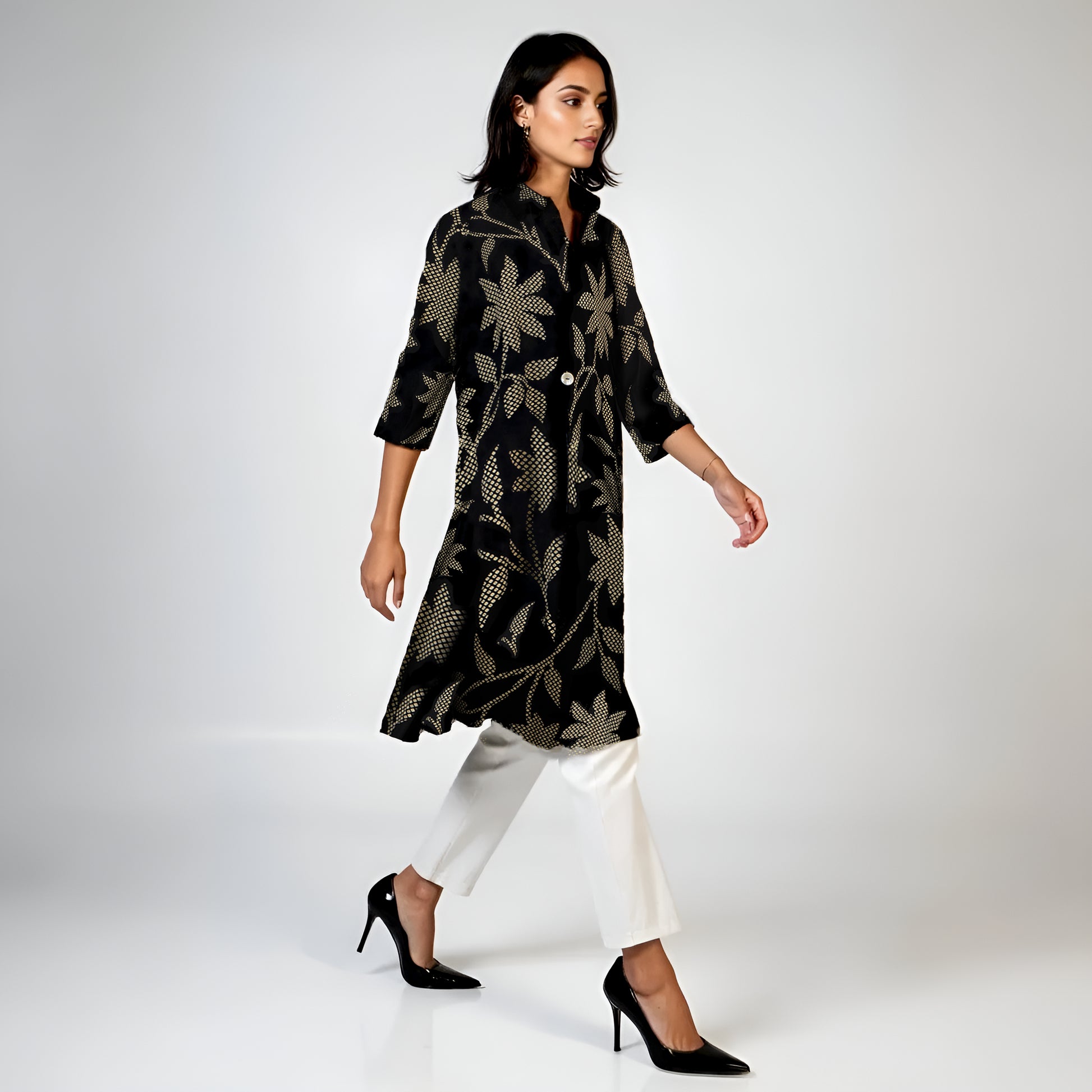 Printed Shirt Collar Flared Kurta