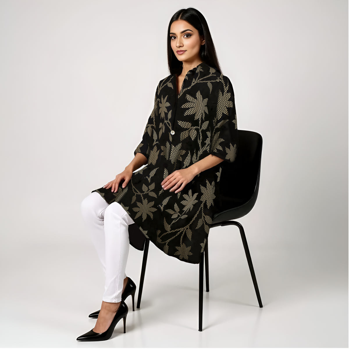 Printed Shirt Collar Flared Kurta