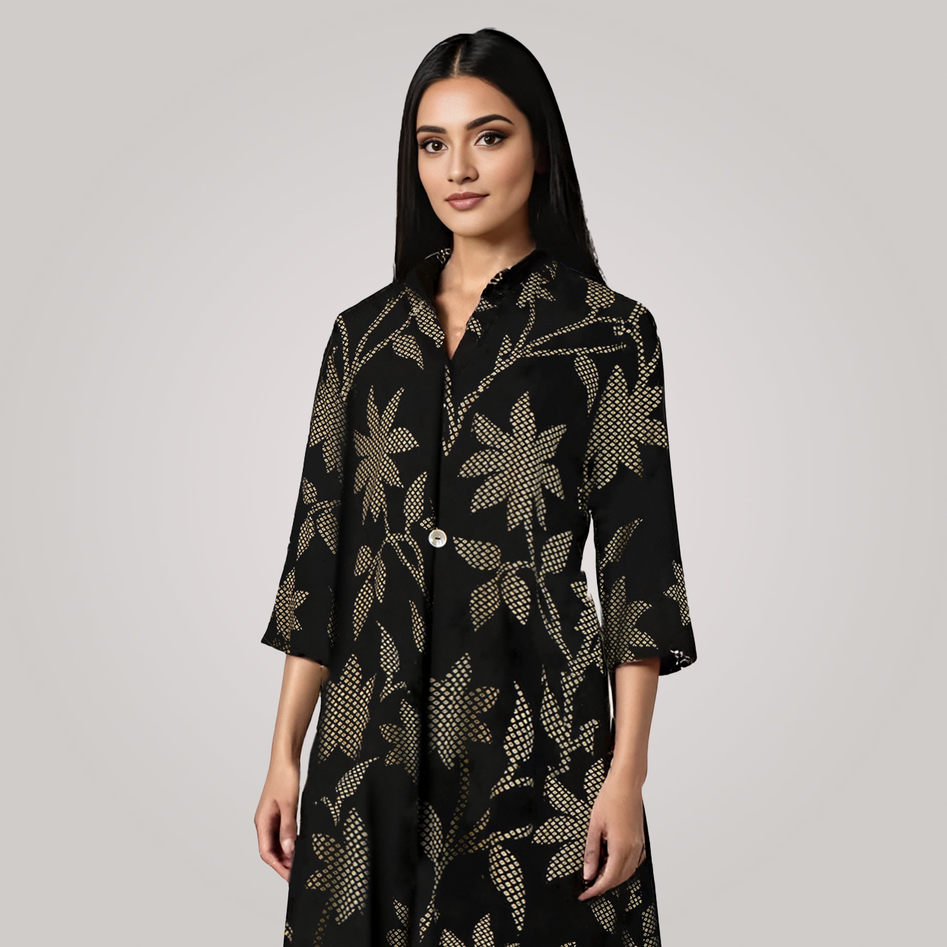 Printed Shirt Collar Flared Kurta