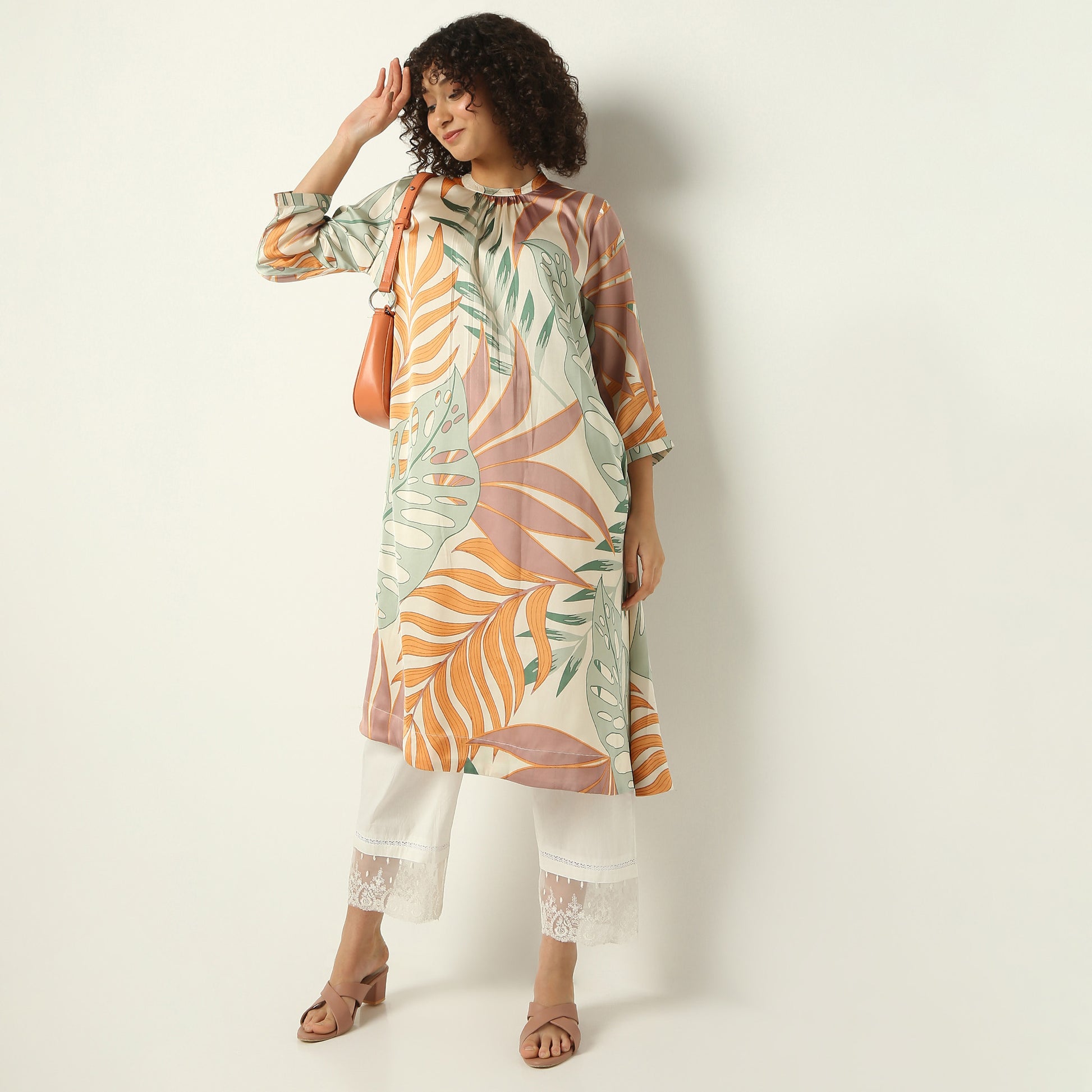 Flare Fit Printed Band Collar Kurta