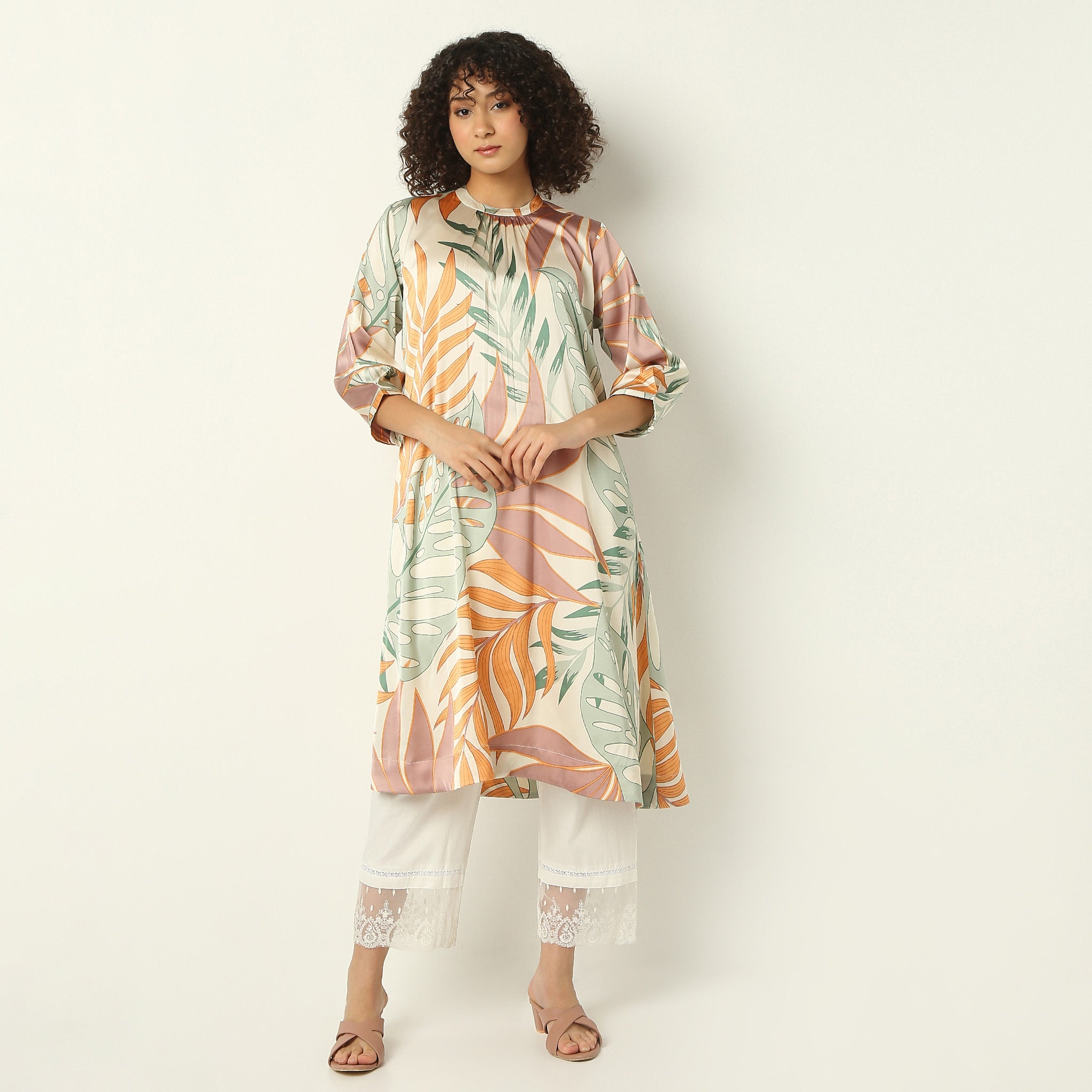 Flare Fit Printed Band Collar Kurta