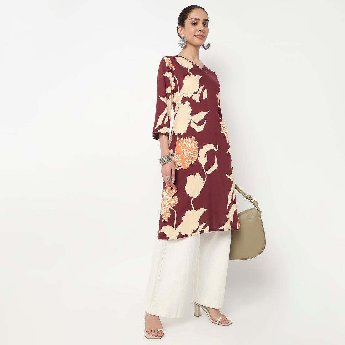 V-Neck Printed A-Line Kurta