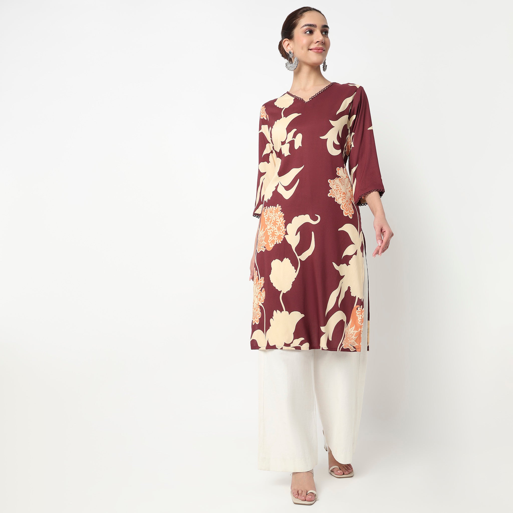 V-Neck Printed A-Line Kurta
