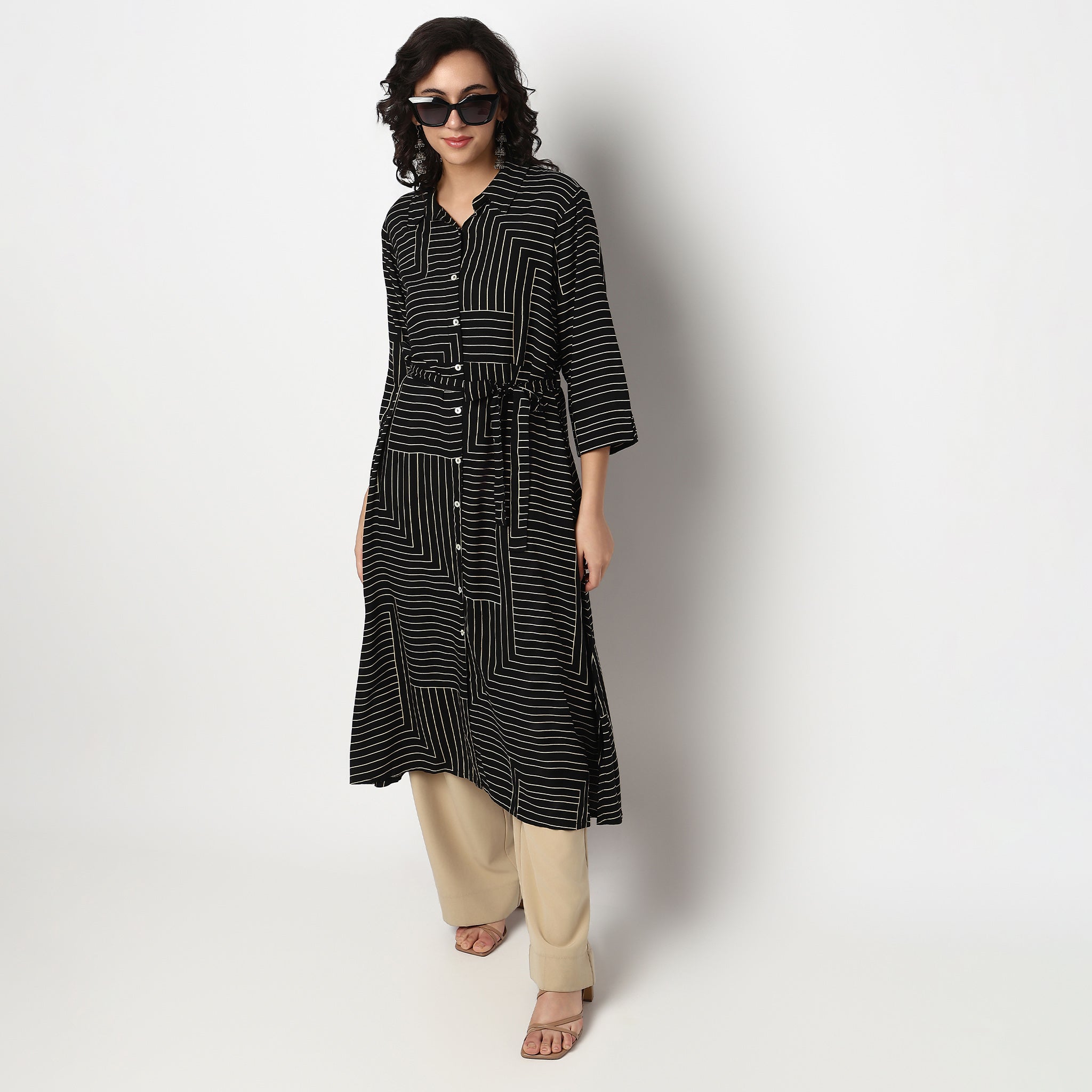 Buy Women Straight Fit Striped Three-Fourth Sleeve Kurta  - Style Union