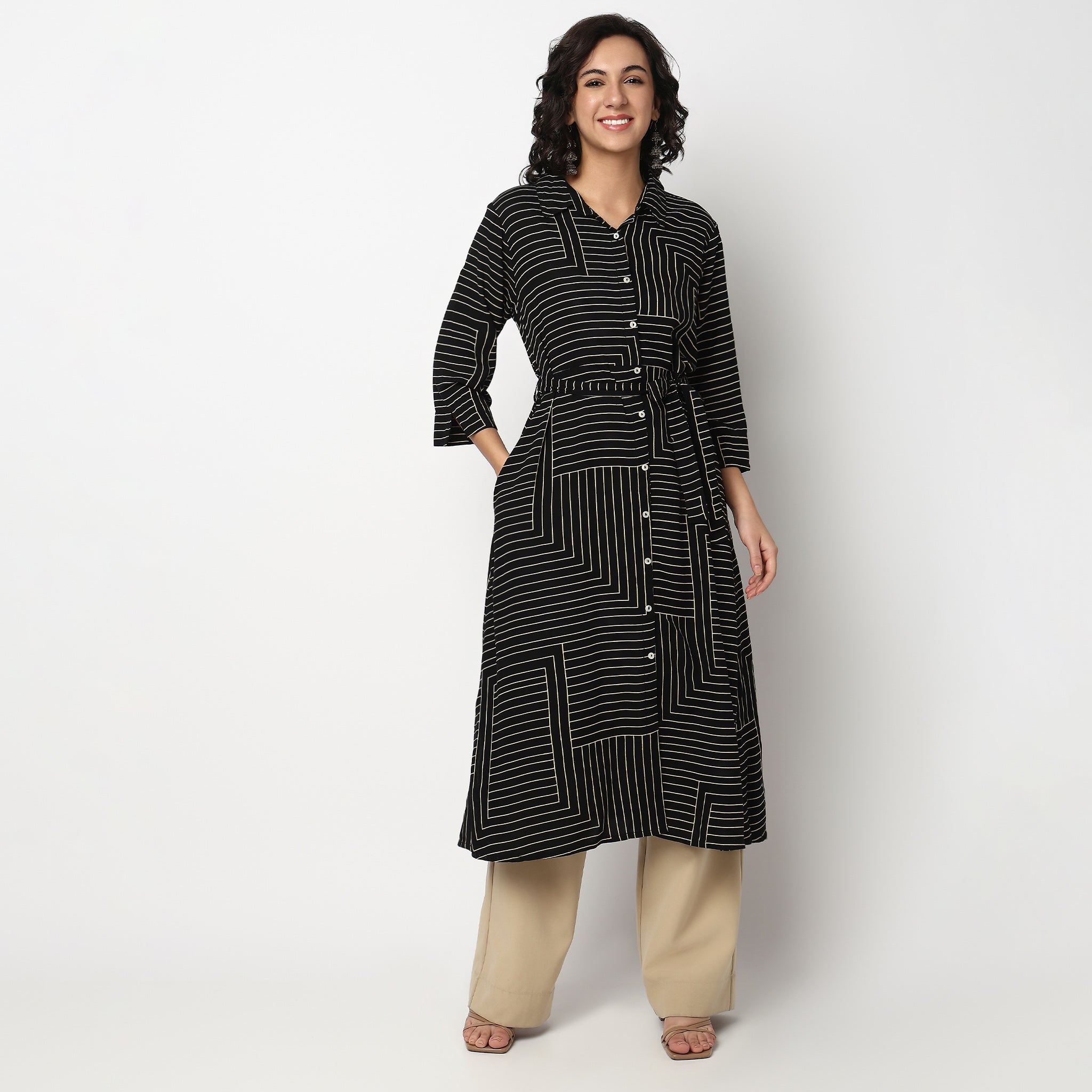 Buy Women Straight Fit Striped Three-Fourth Sleeve Kurta  - Style Union