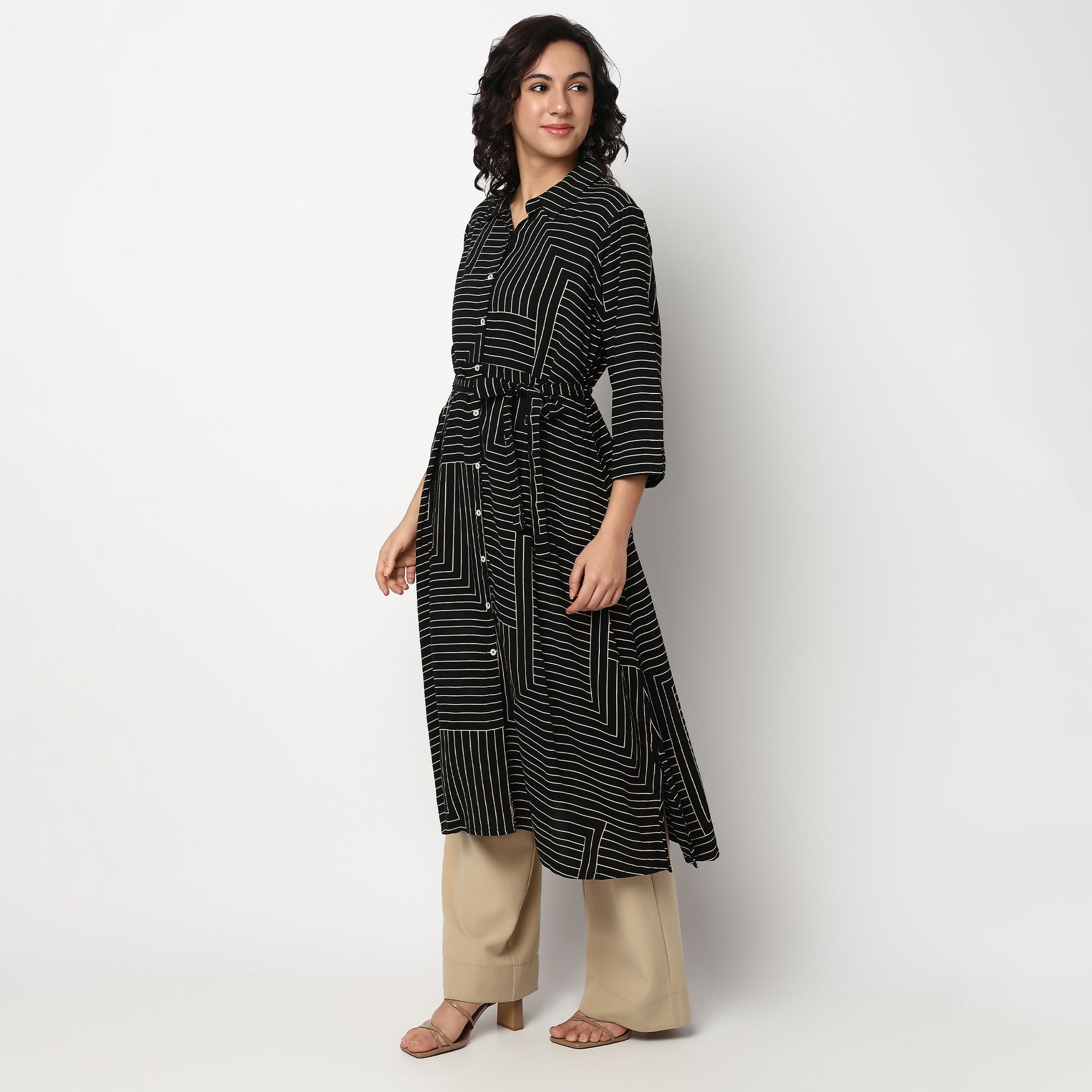 Buy Women Straight Fit Striped Three-Fourth Sleeve Kurta  - Style Union
