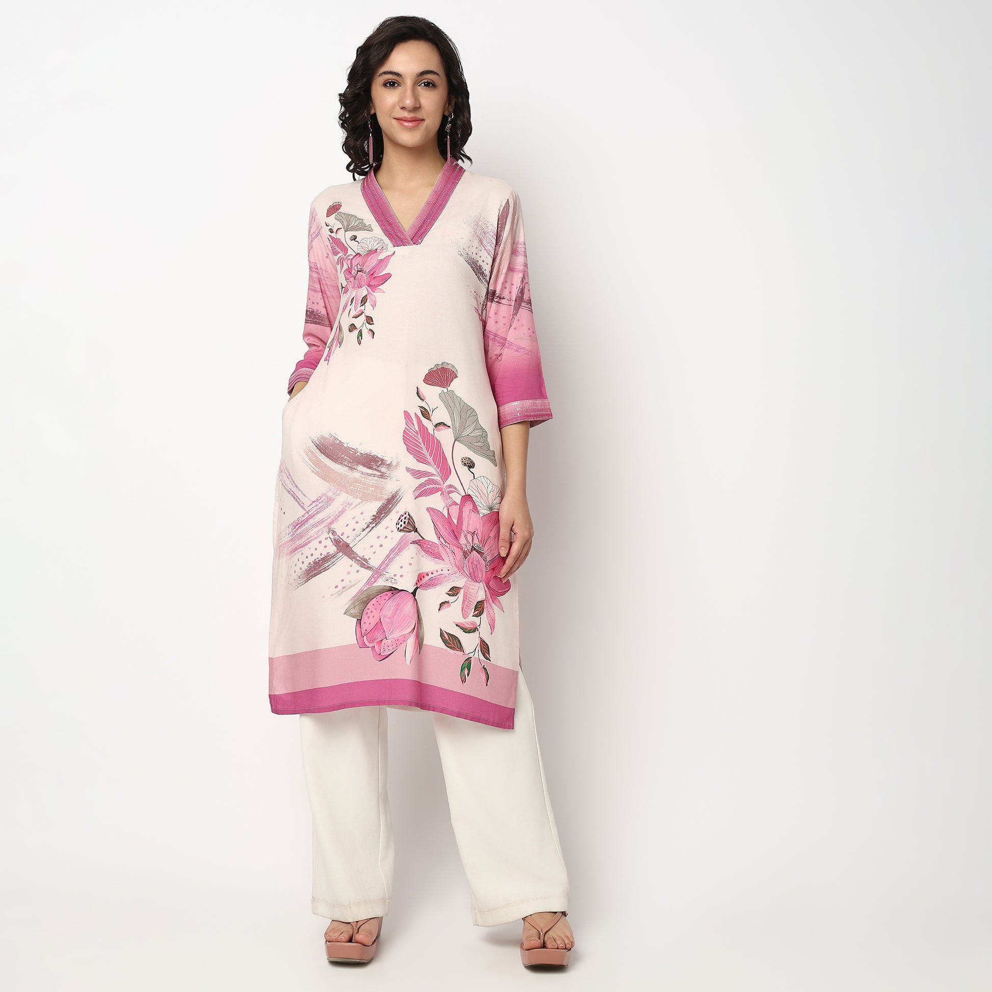 Buy Women Straight Fit Printed Three-Fourth Sleeve Kurta  - Style Union