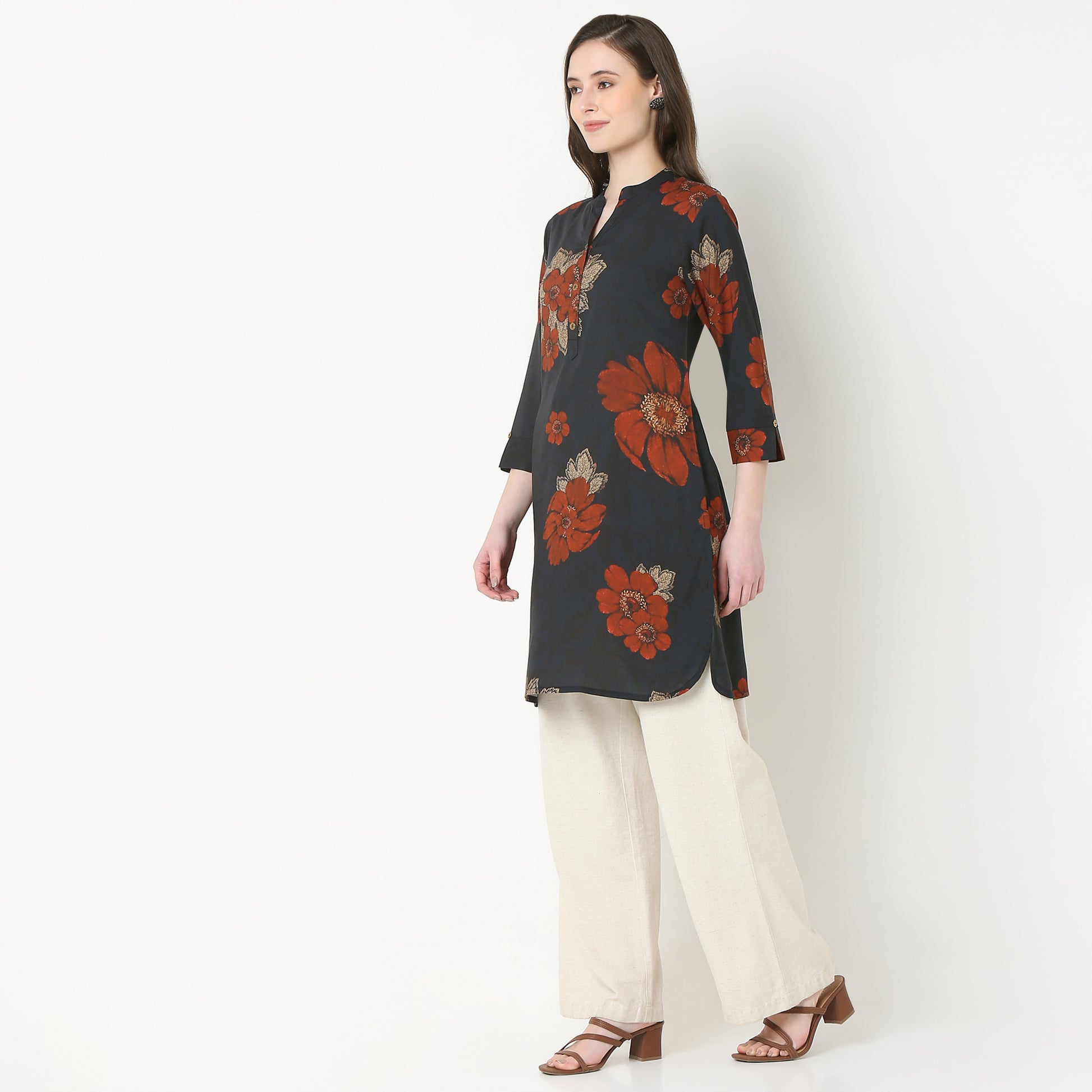 Printed Band Collar Straight Kurta