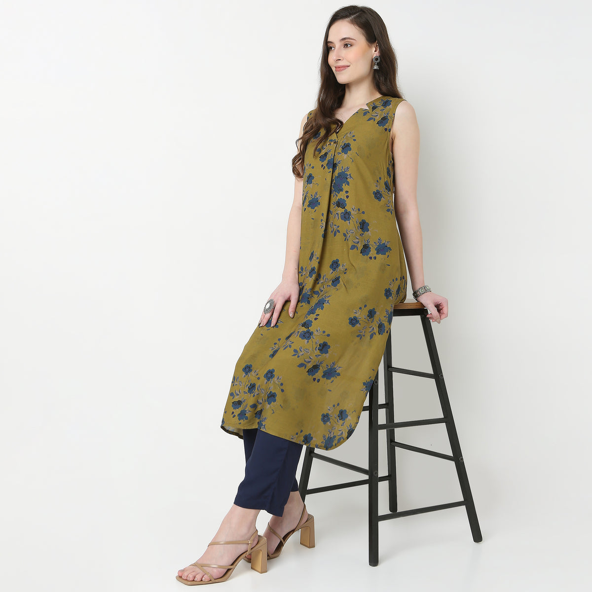 V-Neck Printed A-Line Kurta