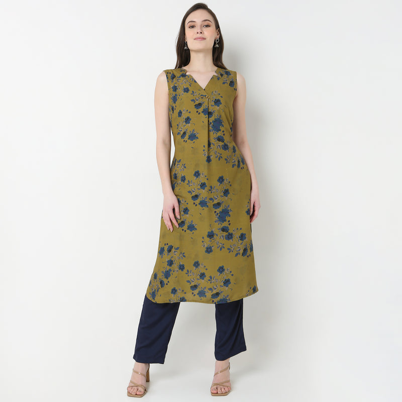 V-Neck Printed A-Line Kurta