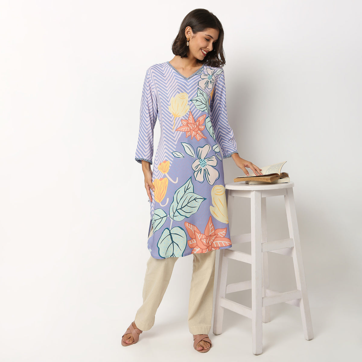 Buy Women Straight Fit Digital Printed Three-Fourth Sleeve Kurta  - Style Union