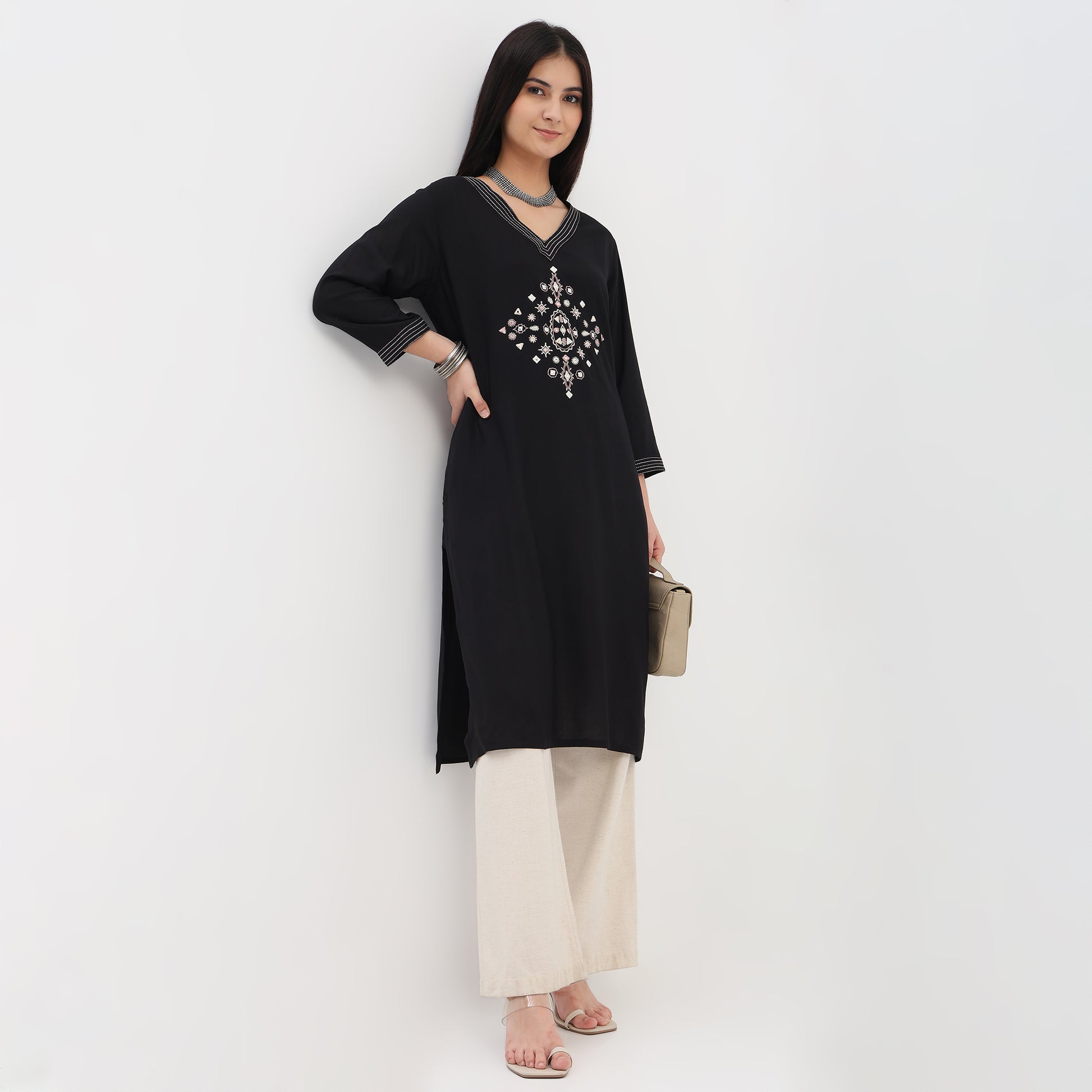 Embroidered V-Neck Straight Kurta