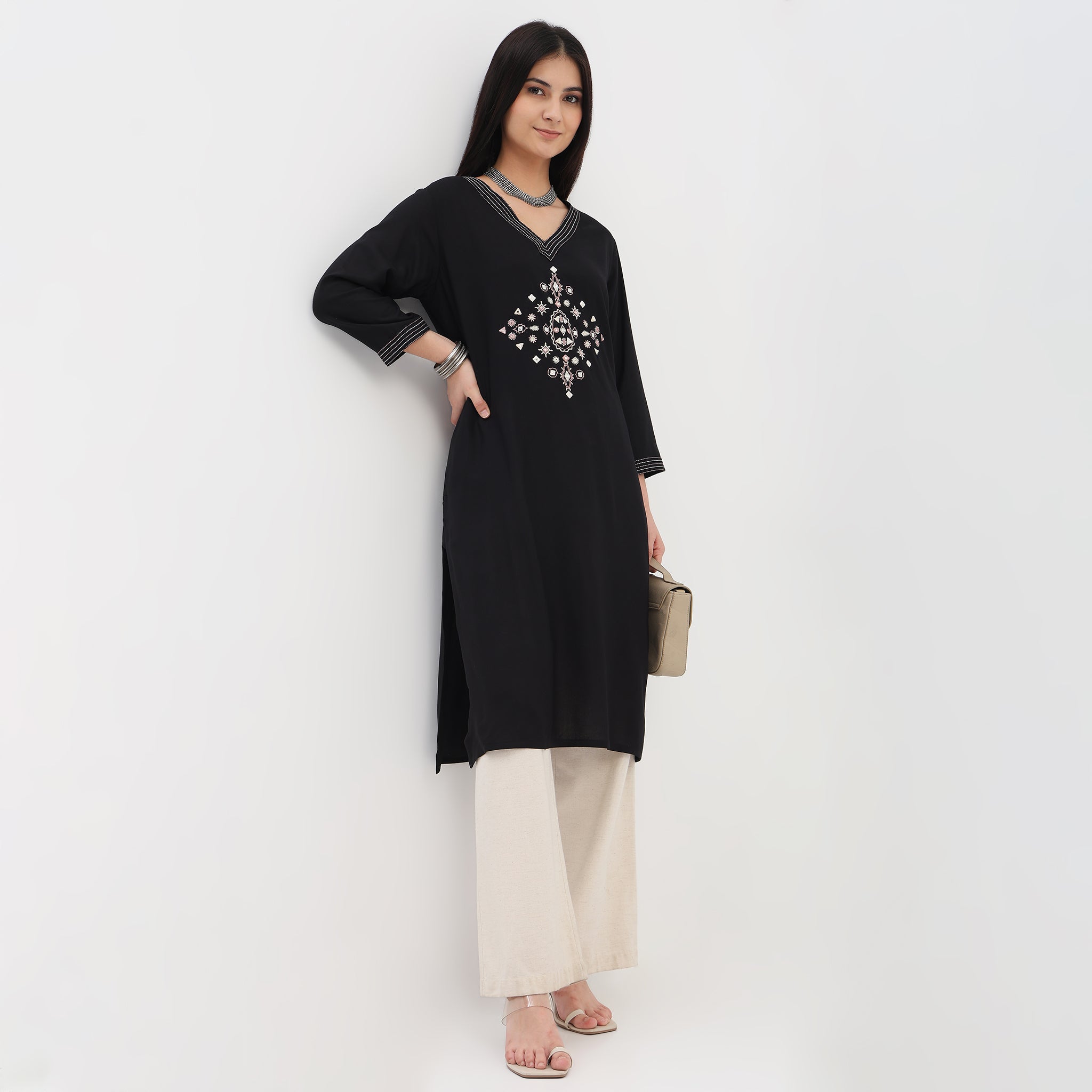 Embroidered V-Neck Straight Kurta