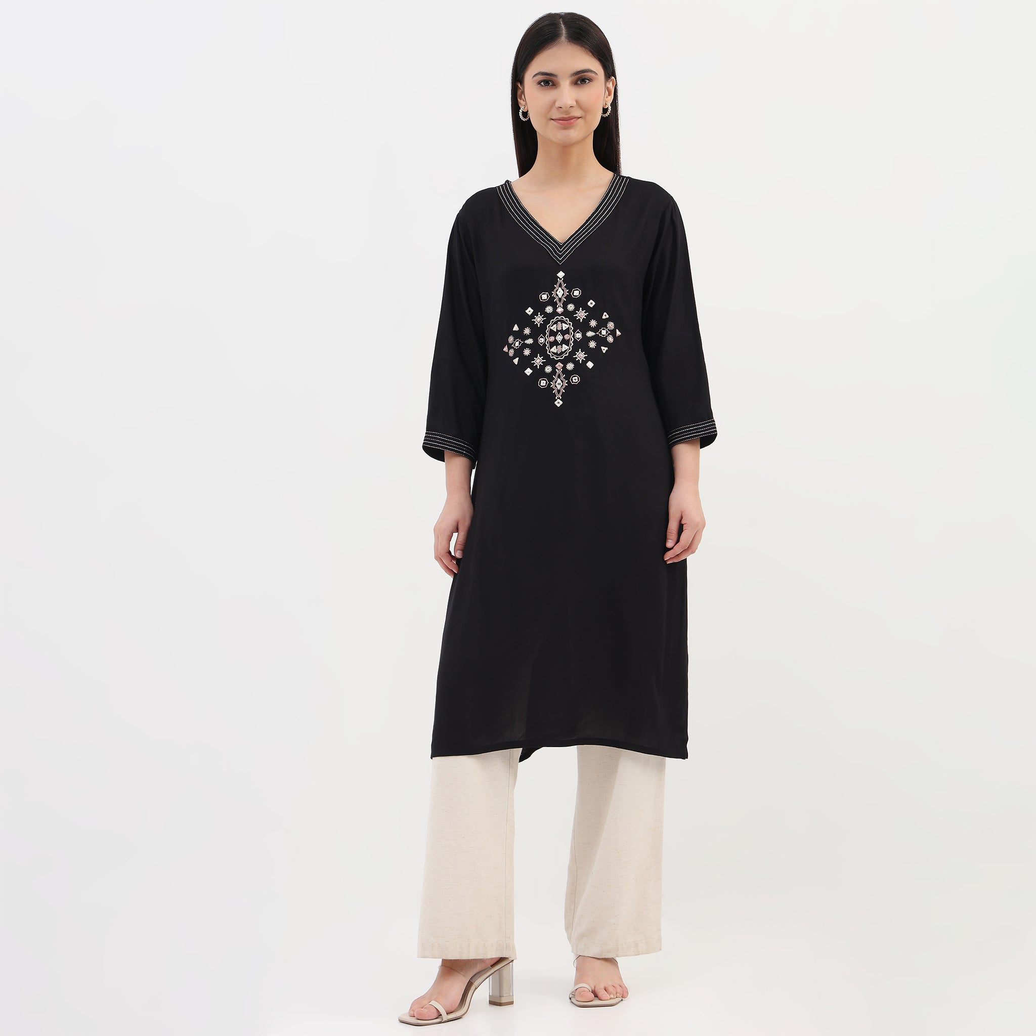 Embroidered V-Neck Straight Kurta