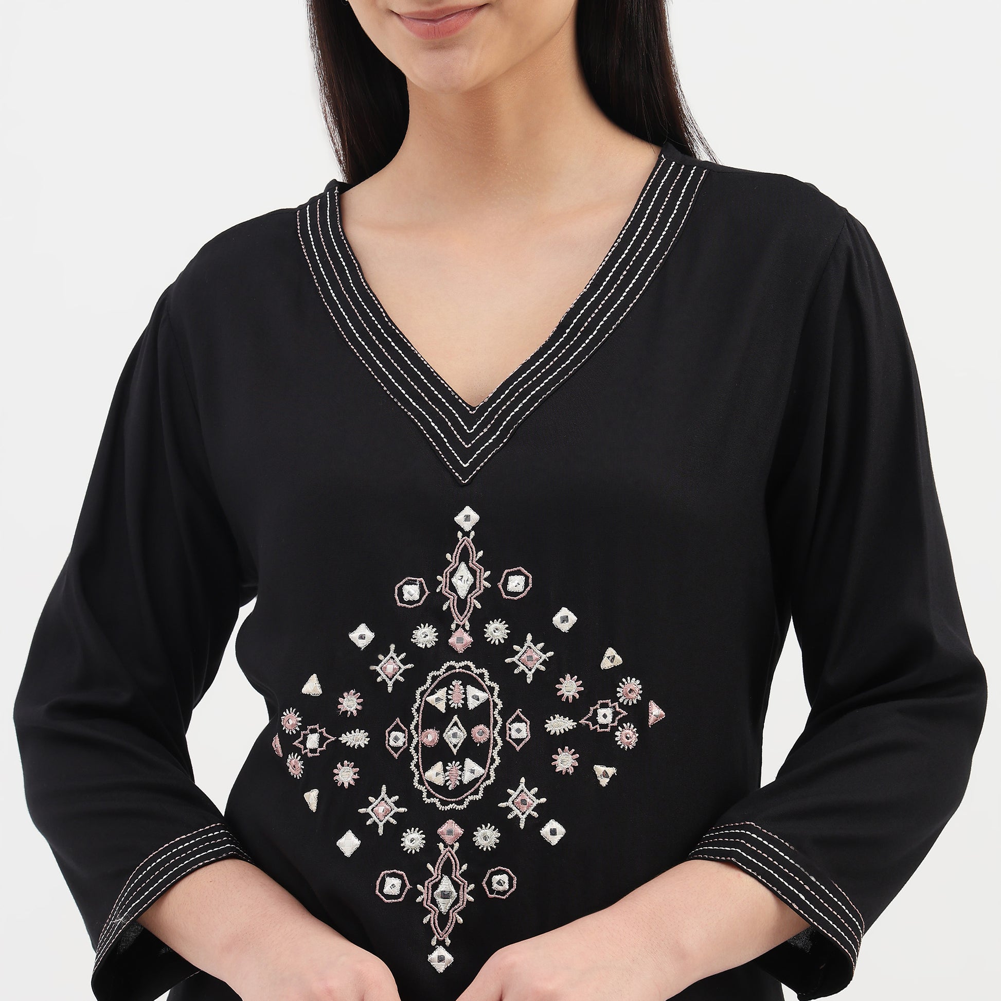 Embroidered V-Neck Straight Kurta