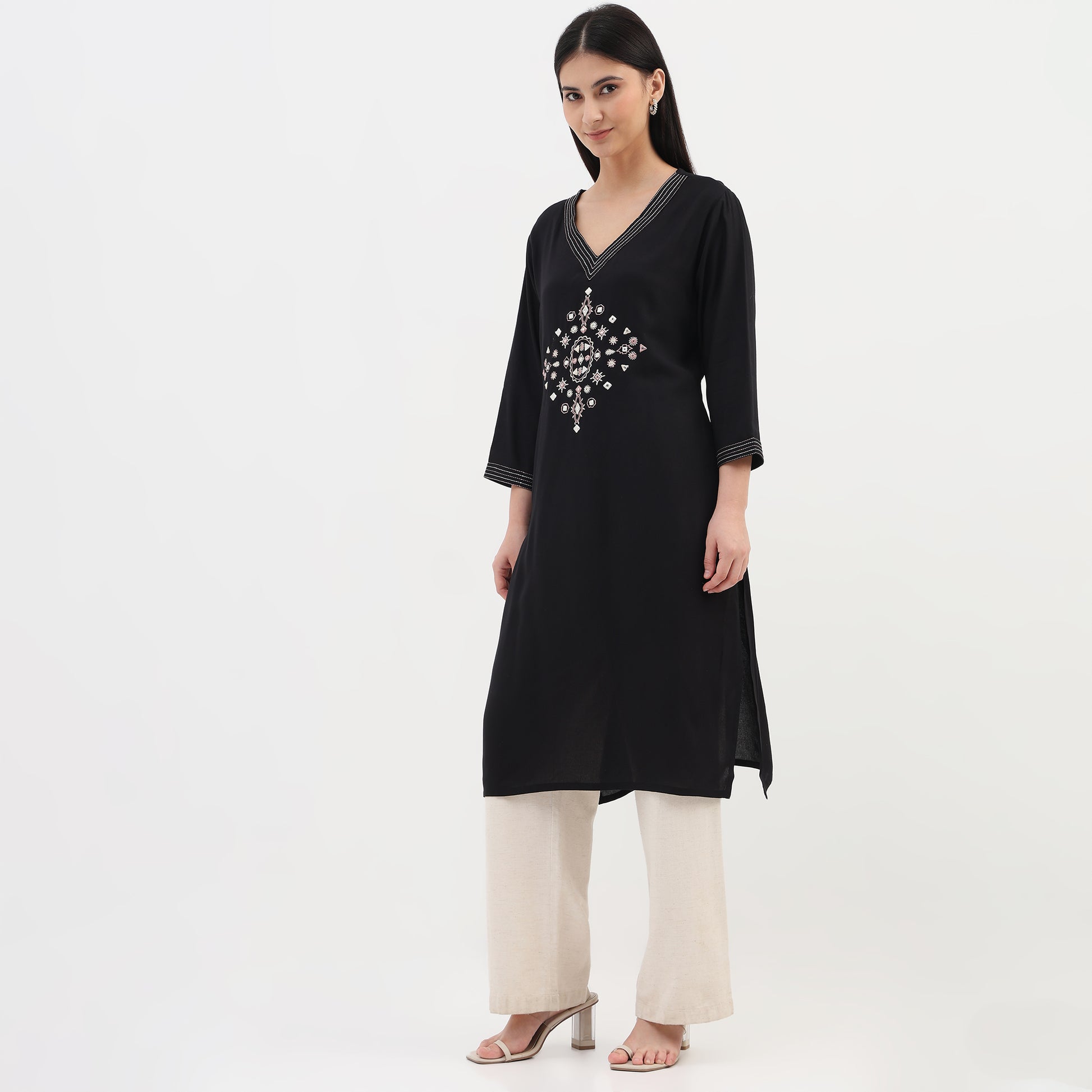 Embroidered V-Neck Straight Kurta