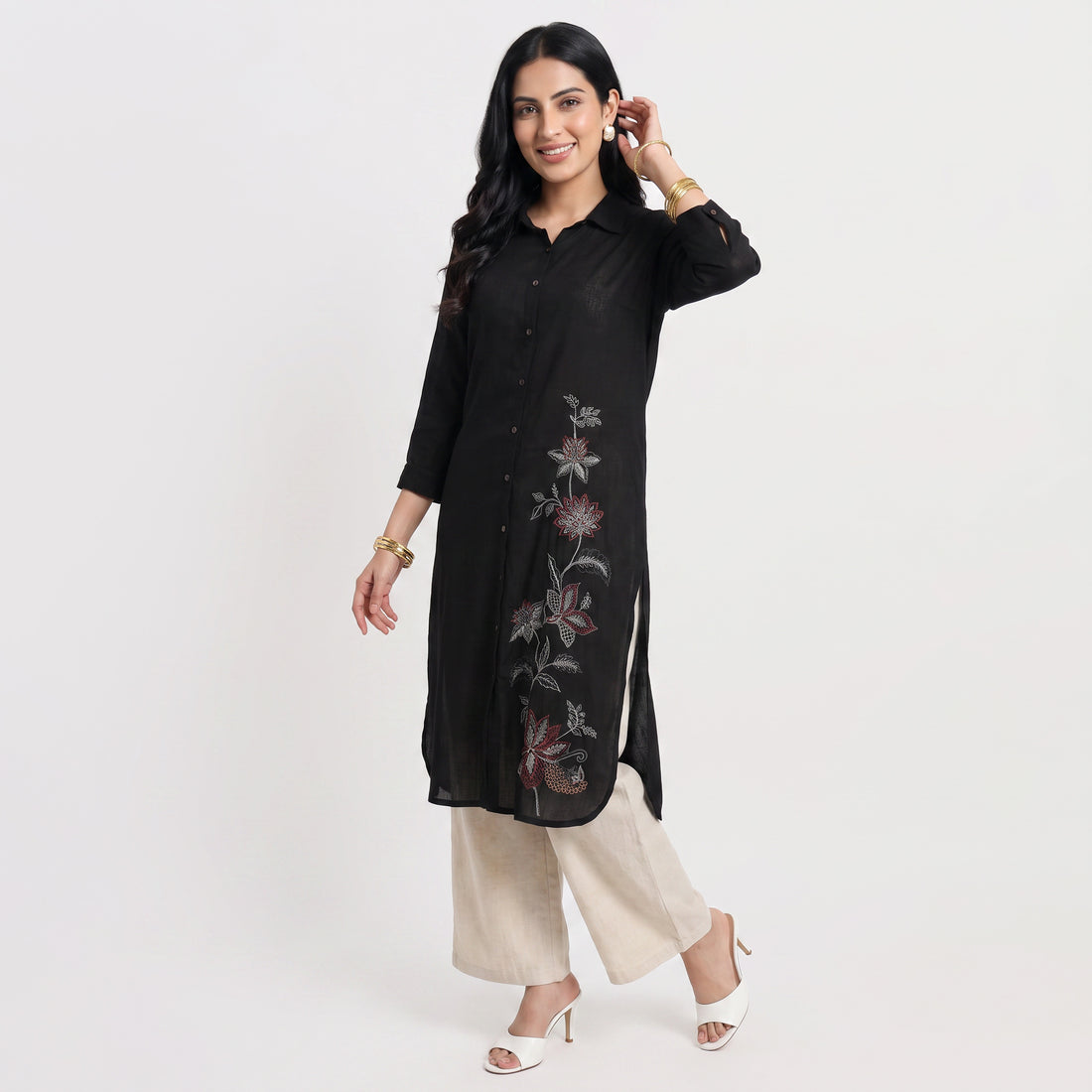 Solid Shirt Collar Straight Kurta