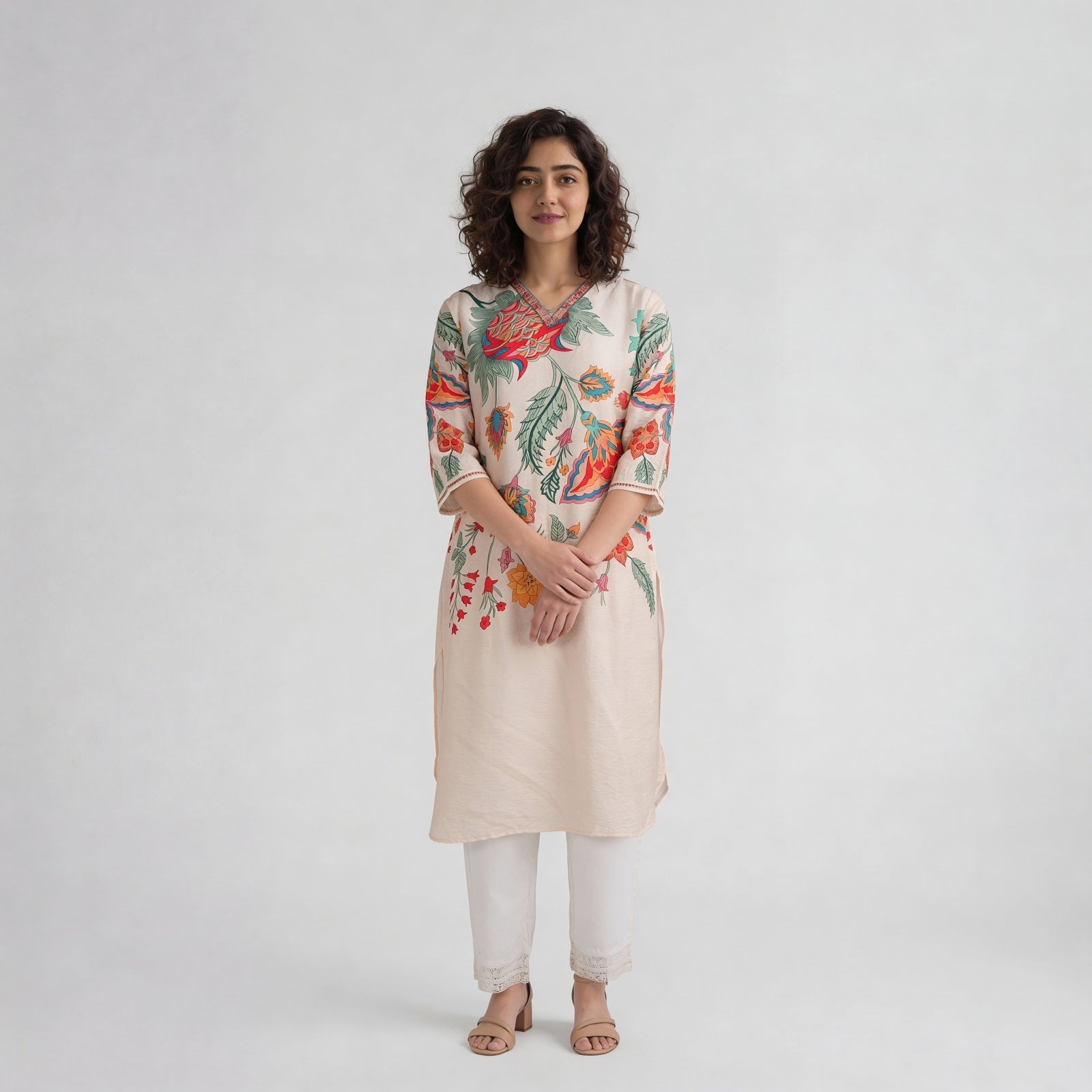 Viscose Nylon Printed Three-Fourth Sleeve Kurta