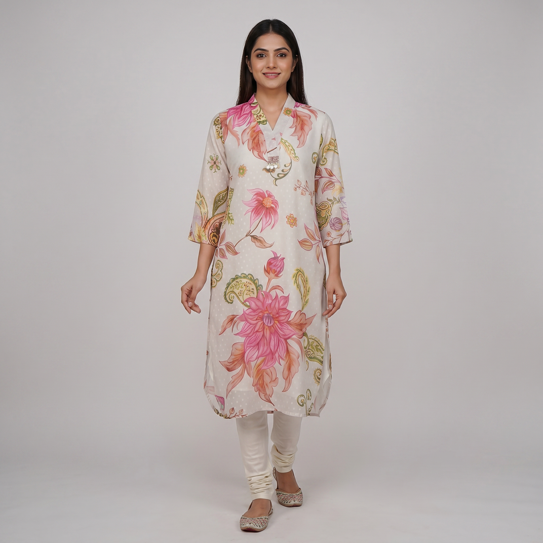 Printed V-Neck Straight Kurta