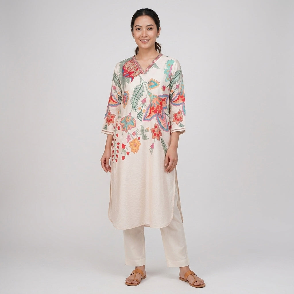 Printed V-Neck Straight Kurta