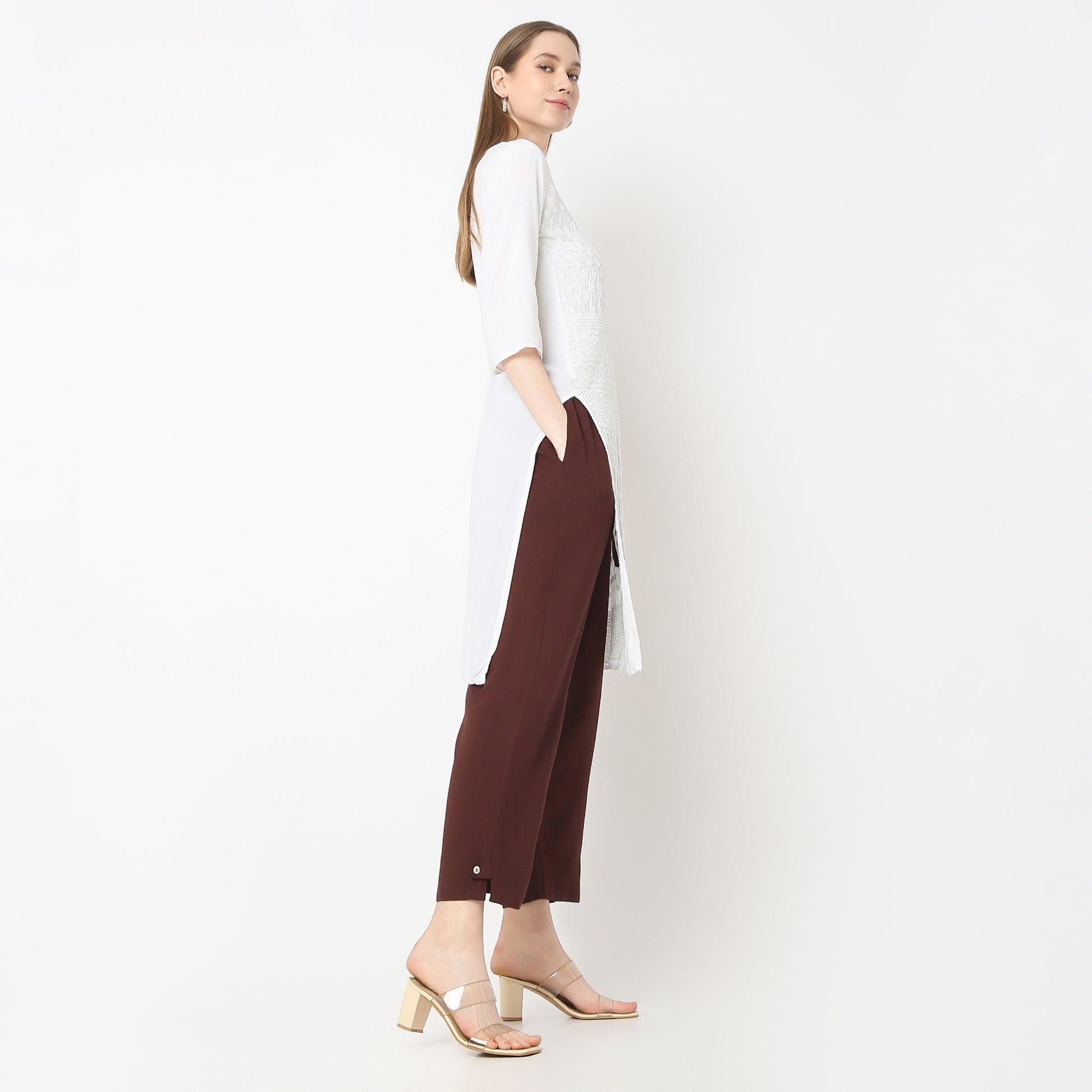 Straight Fit Solid Mid Rise Pants