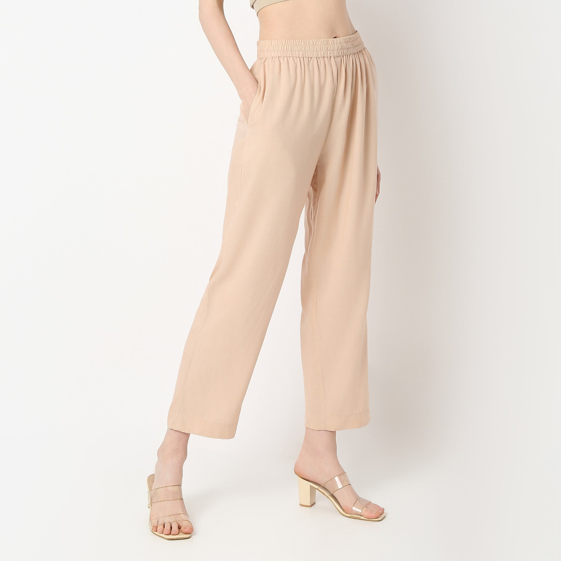 Straight Fit Solid Mid Rise Pants
