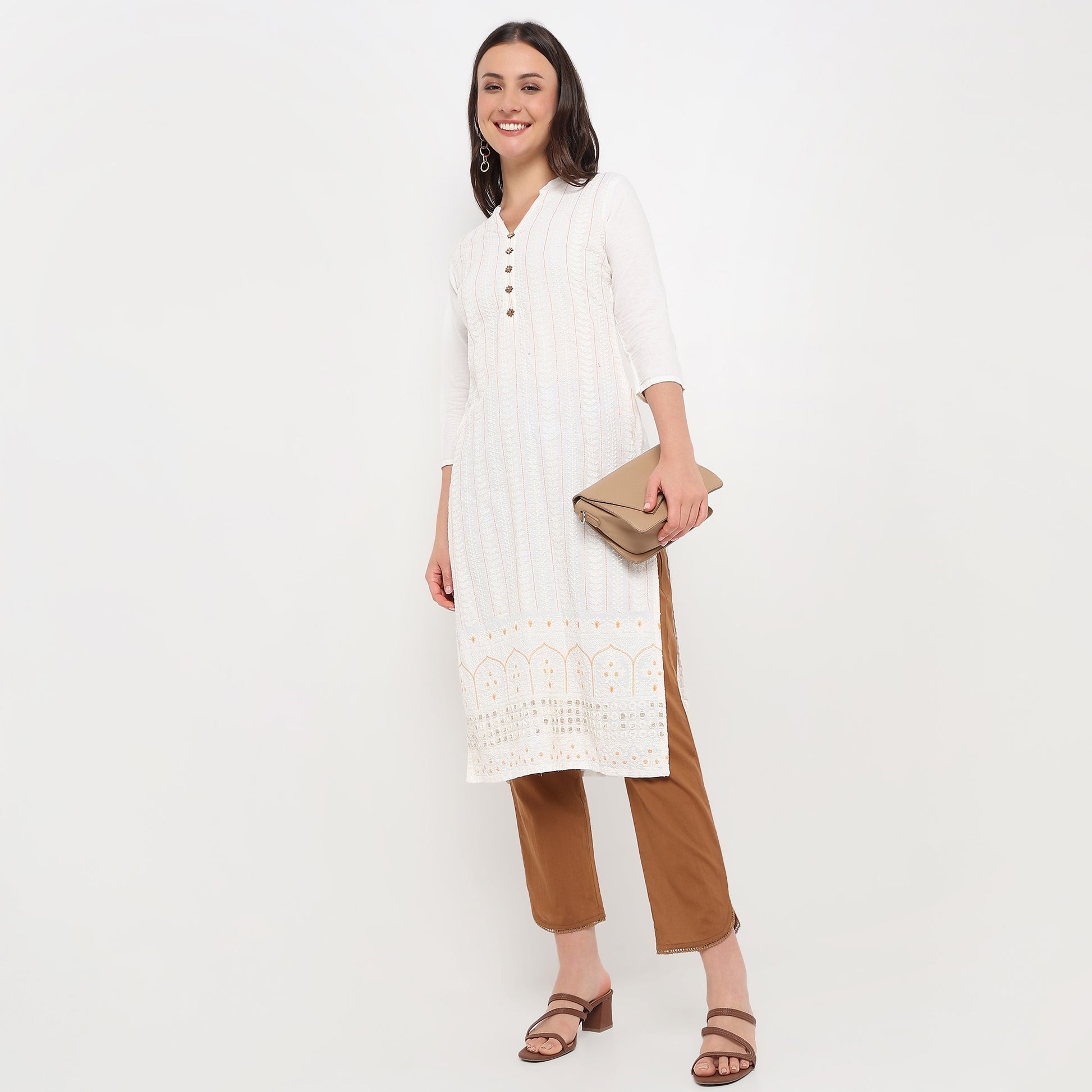 Ankle Length Straight Fit Woven Ethnic Pants 
