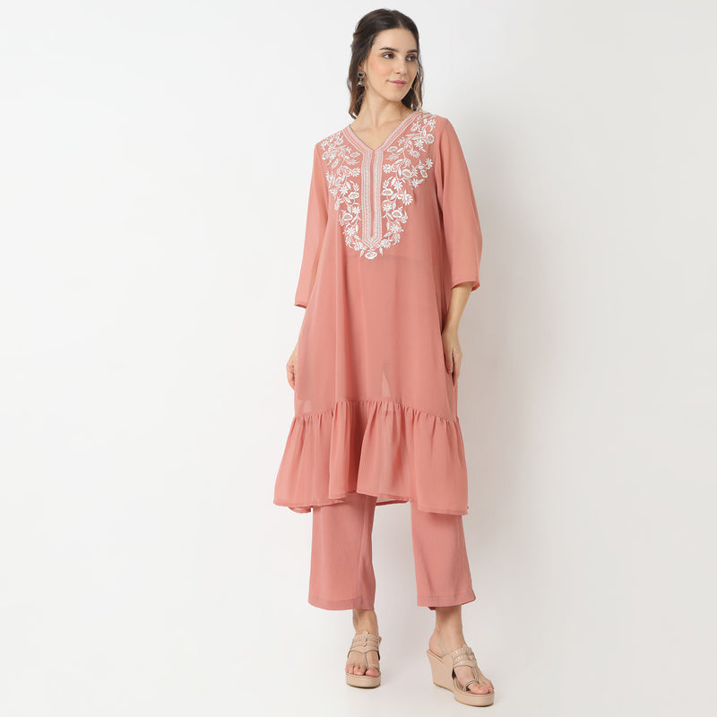 Flare Fit Embroidered V-Neck Slip and Kurta with Pant Set