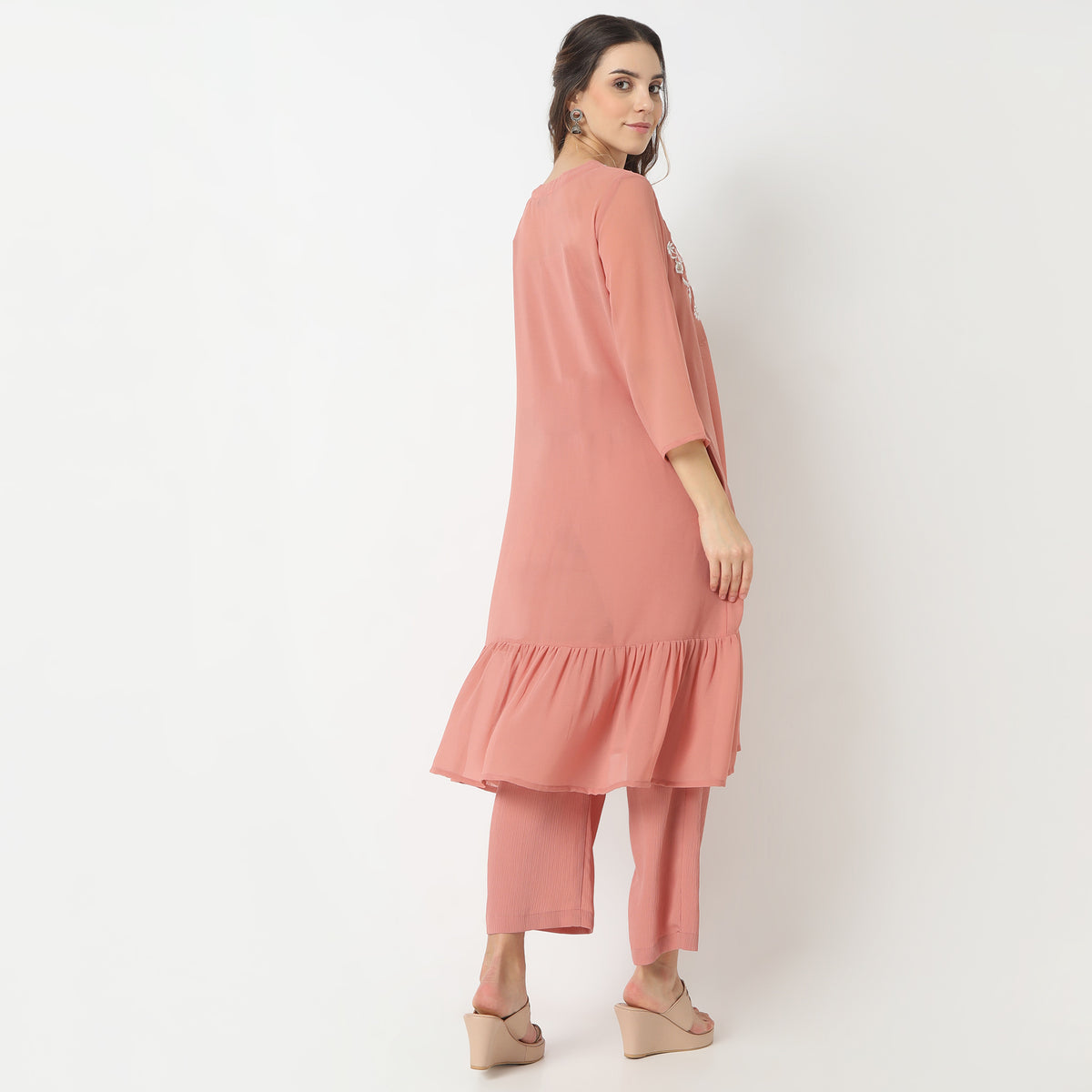 Flare Fit Embroidered V-Neck Slip and Kurta with Pant Set