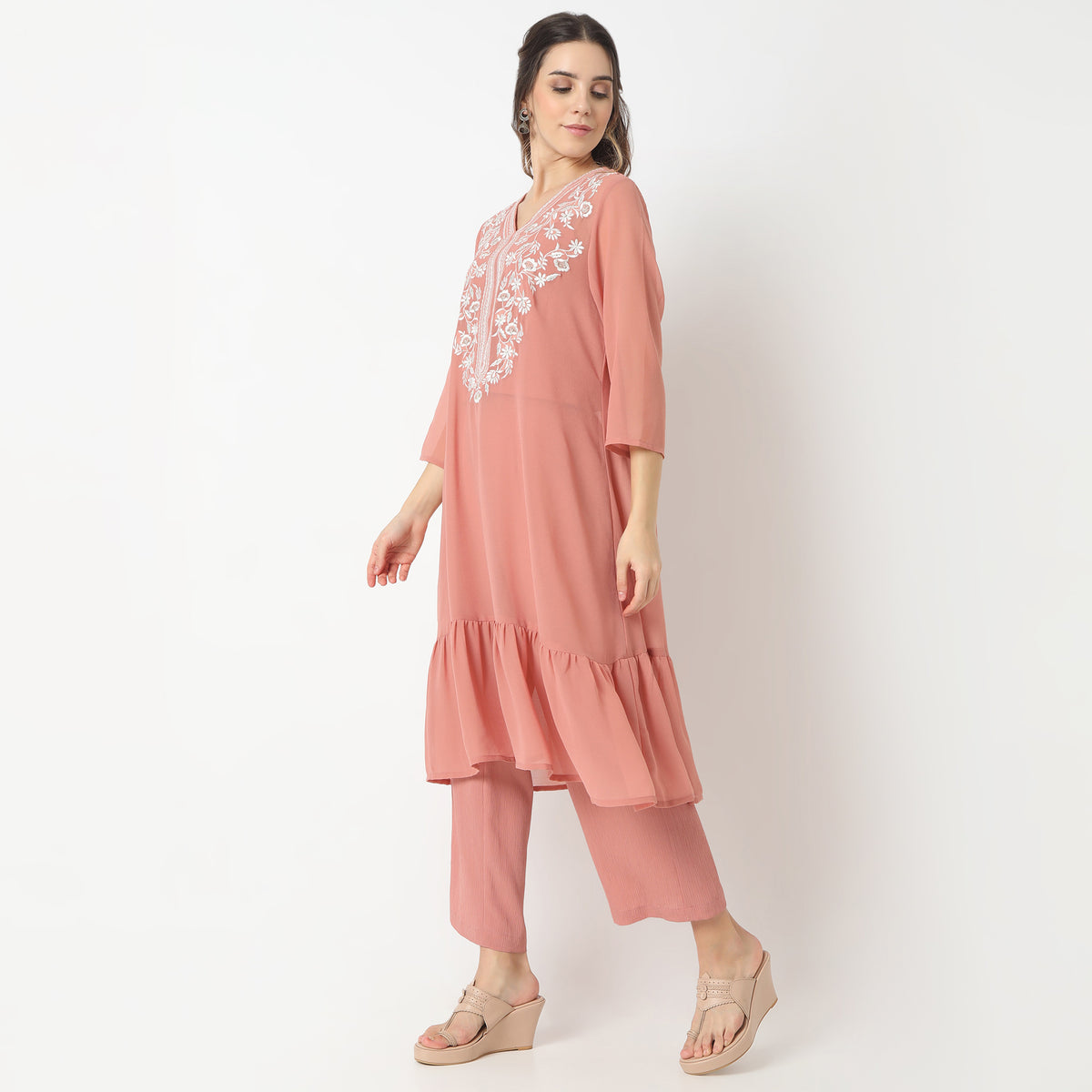 Flare Fit Embroidered V-Neck Slip and Kurta with Pant Set