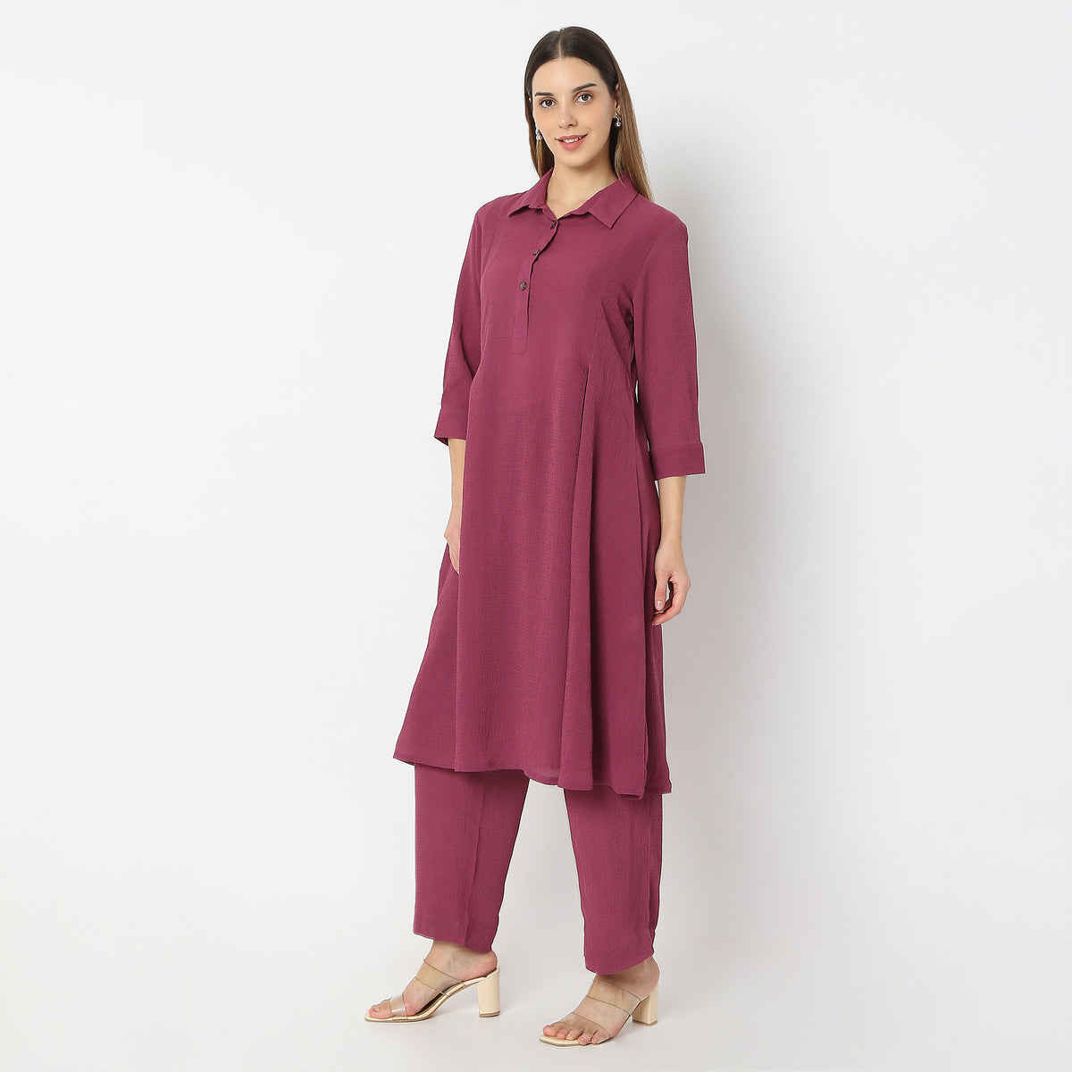 Flare Fit Box Inwared Pleat A-Line Kurta with Pant Set