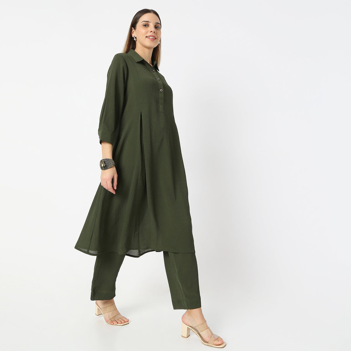 Flare Fit Box Inwared Pleat A-Line Kurta with Pant Set