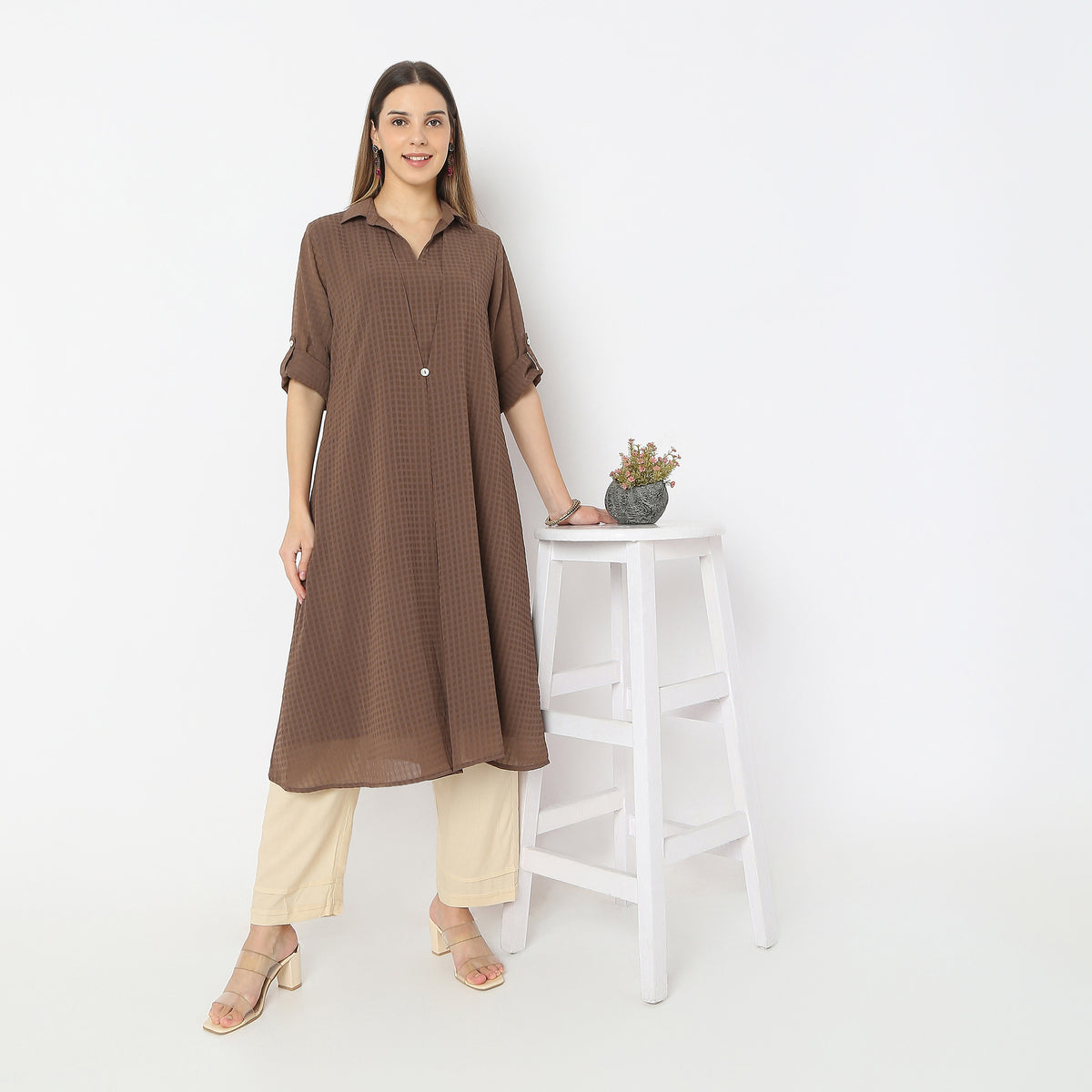 A-Line Centre Box Pleat Kurta with Short Collar and Pant Set