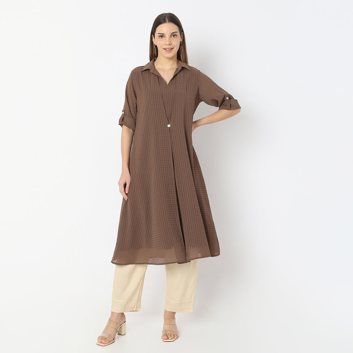 A-Line Centre Box Pleat Kurta with Short Collar and Pant Set