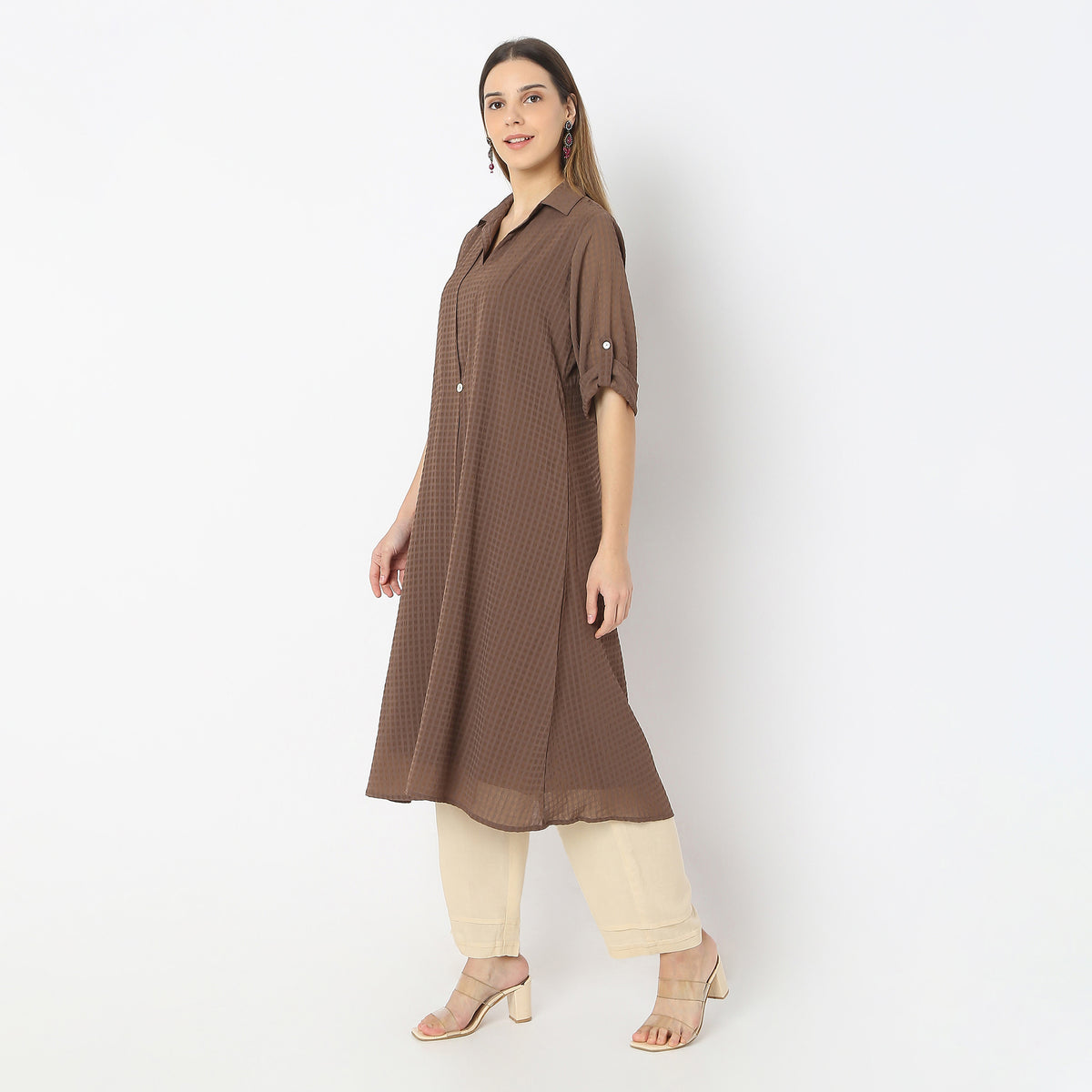 A-Line Centre Box Pleat Kurta with Short Collar and Pant Set