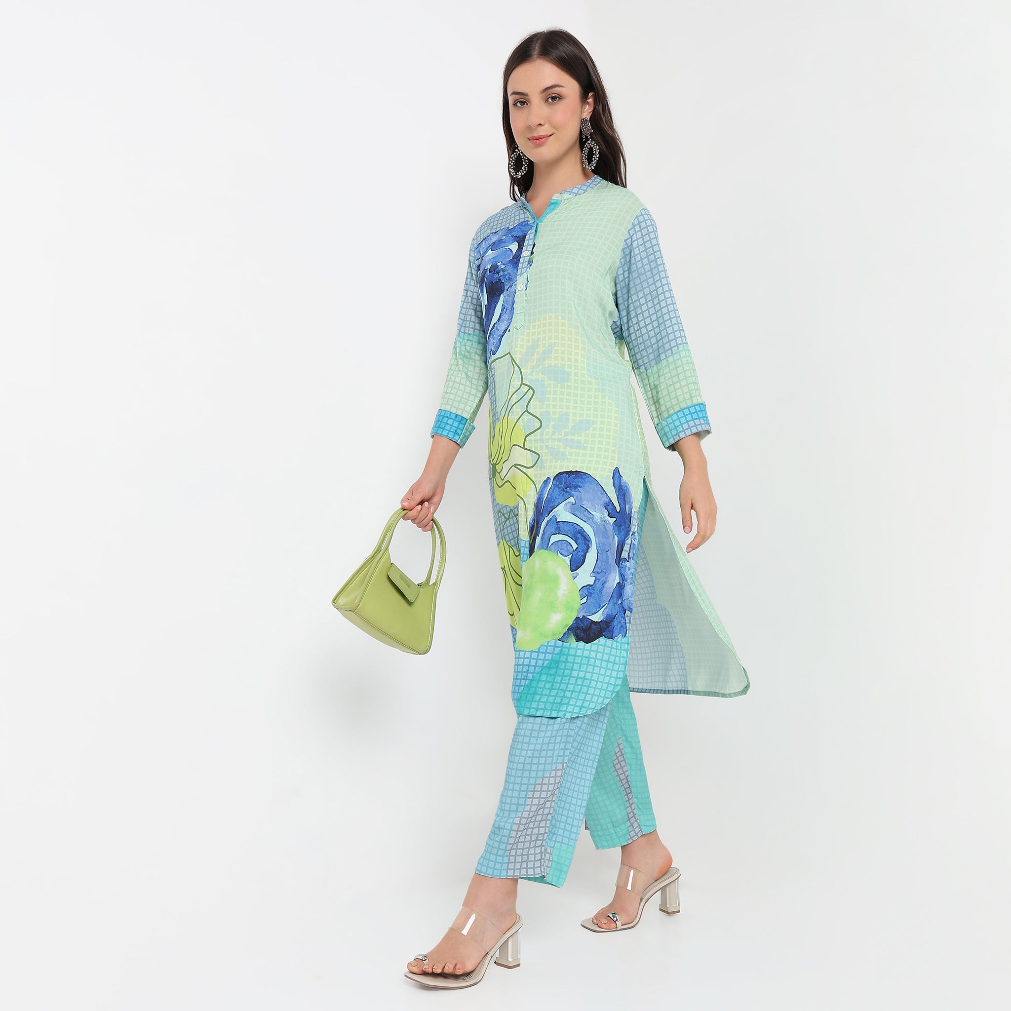 Straight Fit Printed Below Knee Band Collar Kurta with Pant Set