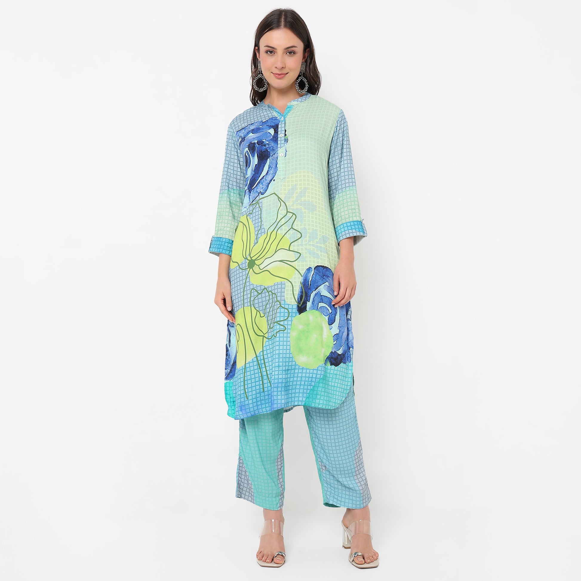 Straight Fit Printed Below Knee Band Collar Kurta with Pant Set