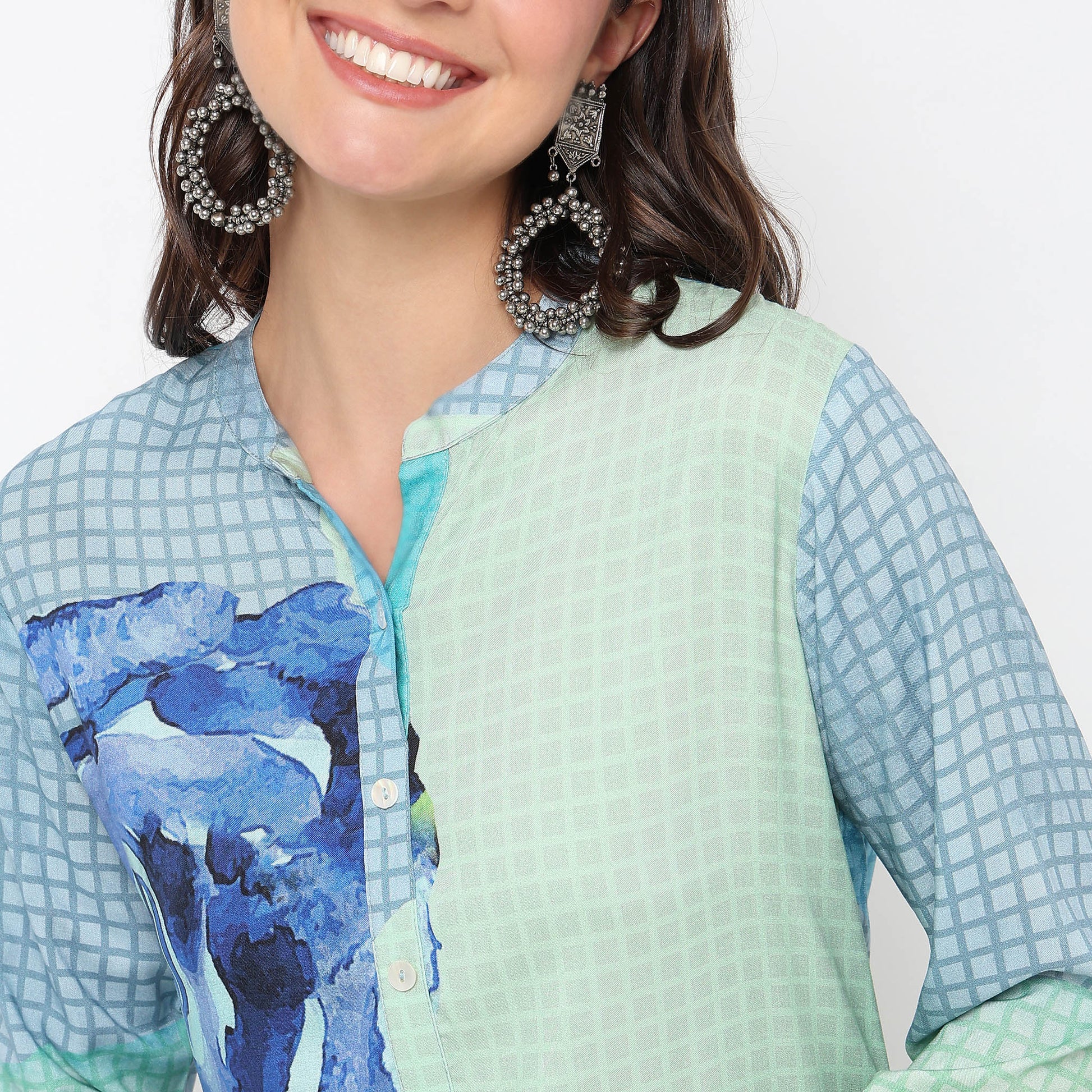 Straight Fit Printed Below Knee Band Collar Kurta with Pant Set